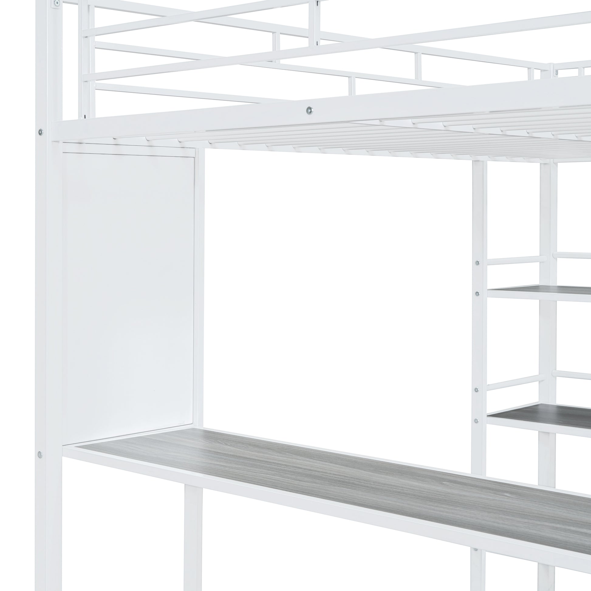 Full Size Loft Metal Bed With 3 Layers Of Shelves And Desk, Stylish Metal Frame Bed With Whiteboard, White White Metal