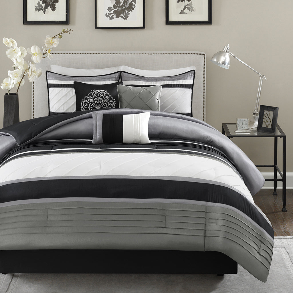 7 Piece Comforter Set Grey Polyester