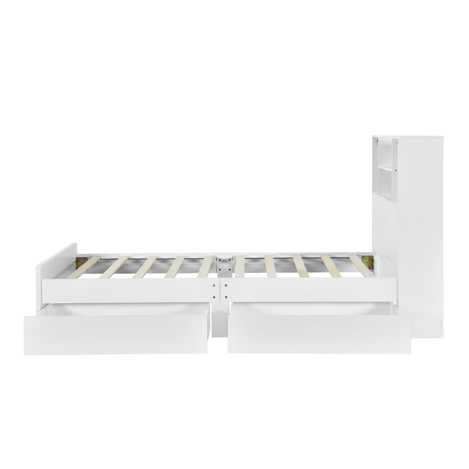 Twin Size Storage Platform Bed Frame With 4 Open Storage Shelves And 2 Storage Drawers,Led Light,White White Solid Wood Mdf