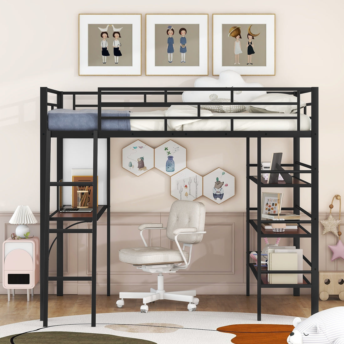 Full Size Loft Metal Bed With 3 Layers Of Shelves And Desk, Stylish Metal Frame Bed With Whiteboard, Black Black Metal