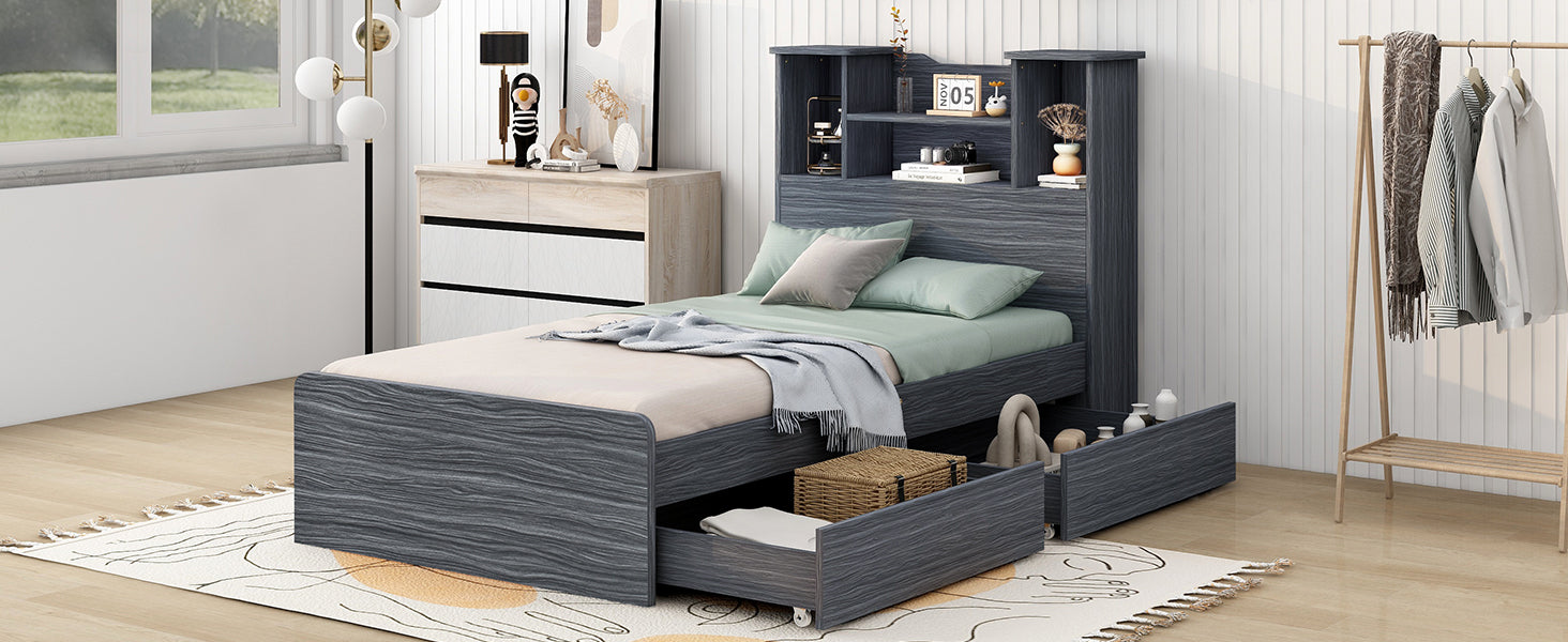 Twin Size Storage Platform Bed Frame With 4 Open Storage Shelves And 2 Storage Drawers,Led Light,Gray Gray Solid Wood Mdf