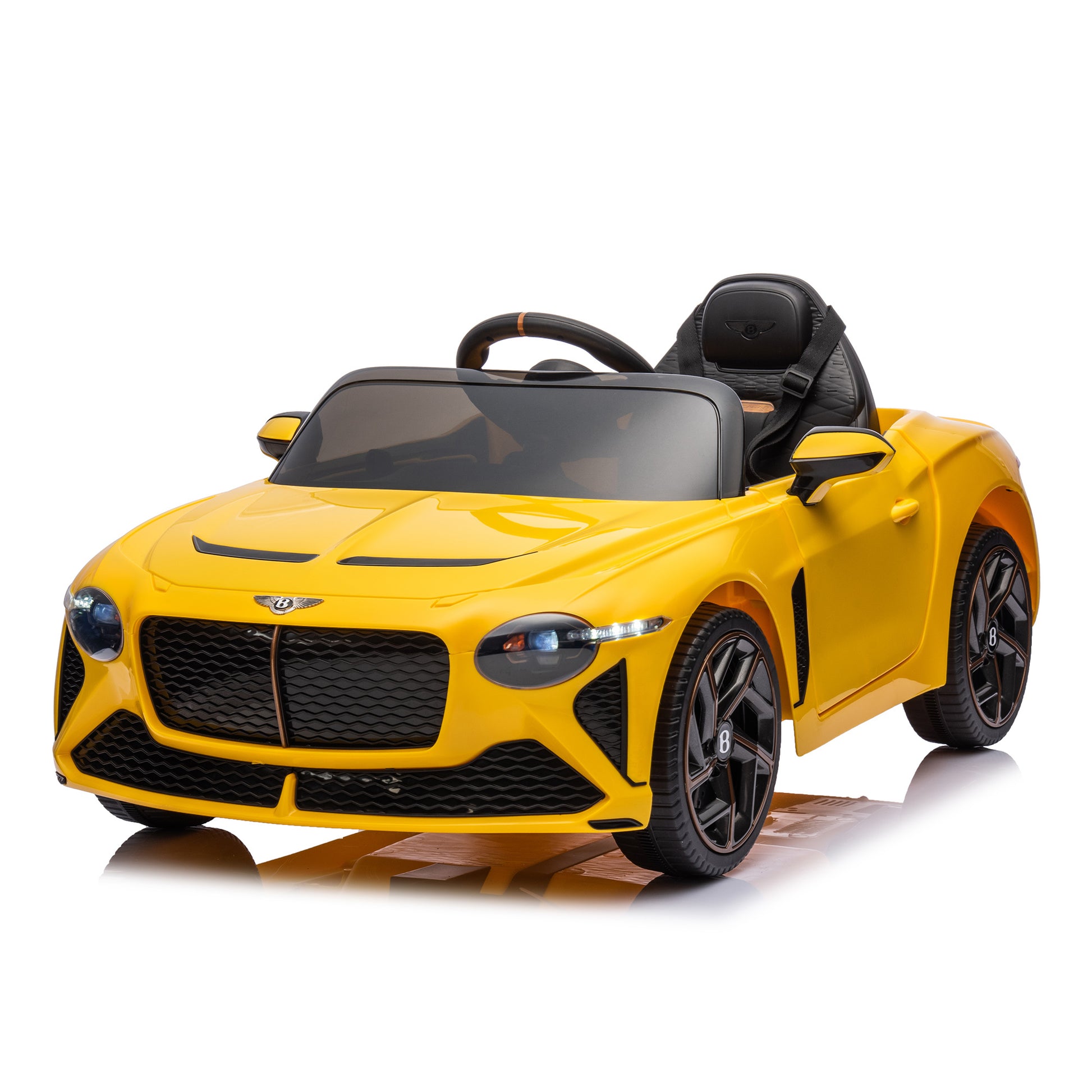 12V Battery Powered Ride On Car For Kids, Licensed Bentley Bacalar, Remote Control Toy Vehicle With Music Player, Led Light, 2 Driving Modes Yellow Polypropylene