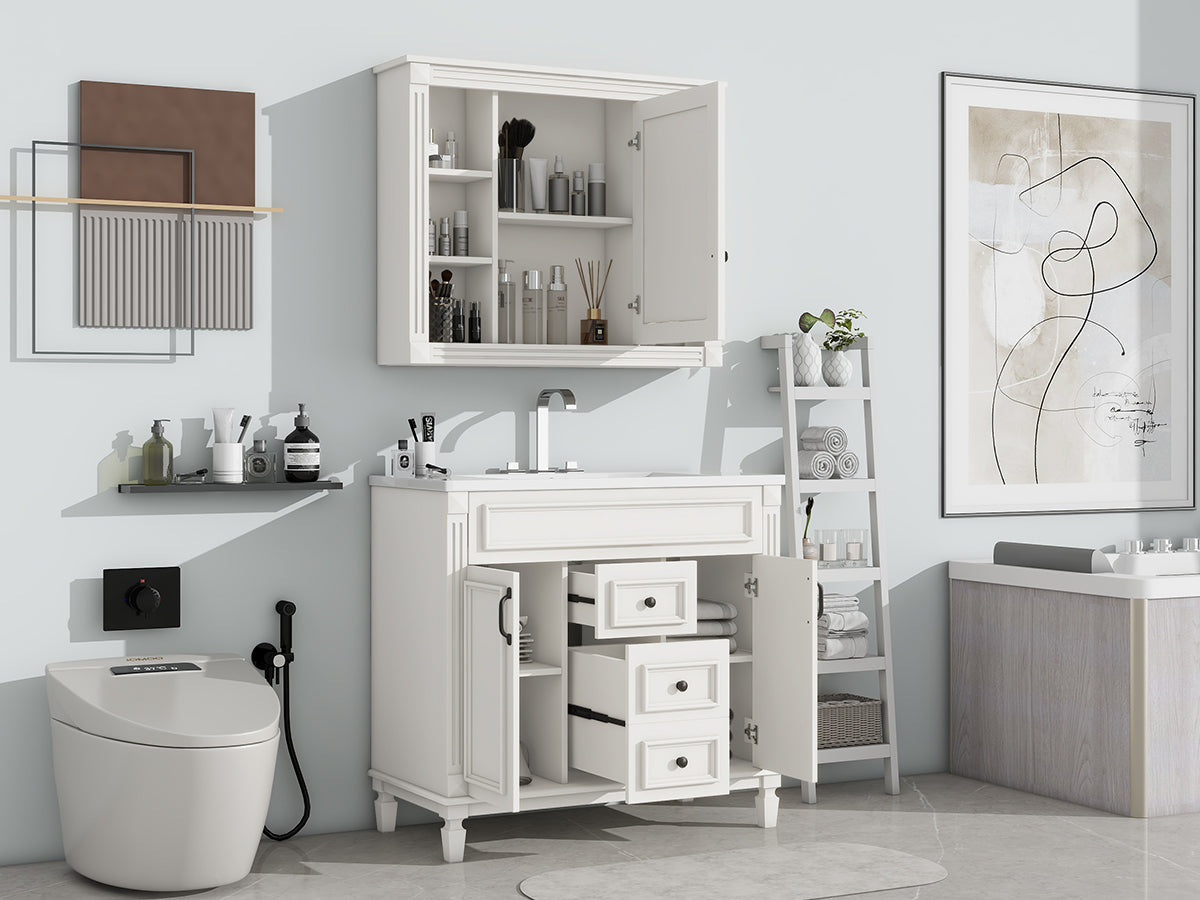 36'' Bathroom Vanity With Top Sink, White Mirror Cabinet, Modern Bathroom Storage Cabinet With 2 Soft Closing Doors And 2 Drawers, Single Sink Bathroom Vanity White Bathroom Mdf