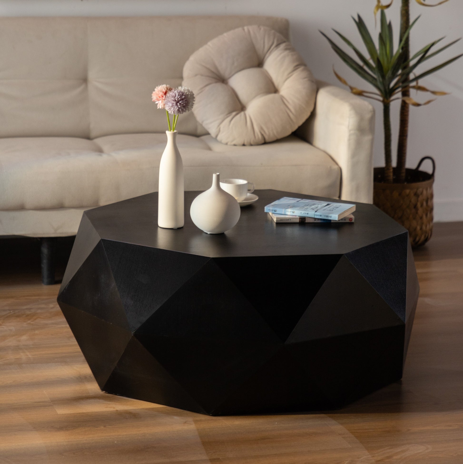 38"Three Dimensional Embossed Pattern Design American Retro Style Coffee Table,Black Tabletop Black Mdf