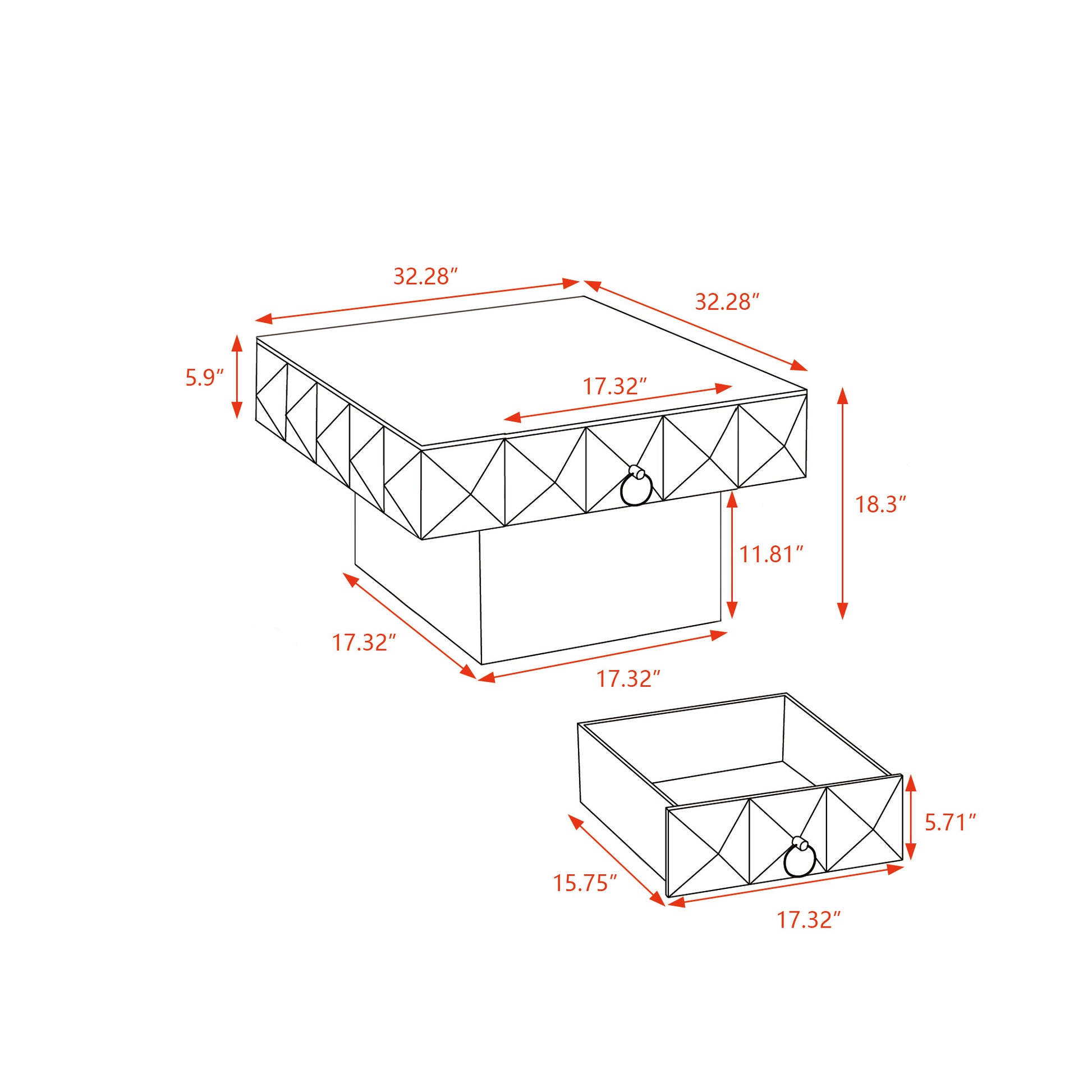 32.28"Three Dimensional Embossed Pattern Square Retro Coffee Table With 2 Drawers And Mdf Base Natural Solid Wood Mdf