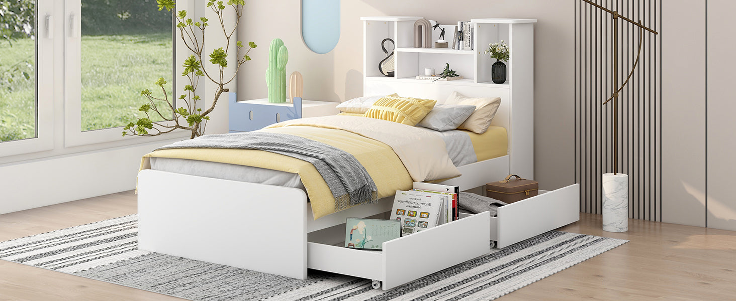 Twin Size Storage Platform Bed Frame With 4 Open Storage Shelves And 2 Storage Drawers,Led Light,White White Solid Wood Mdf