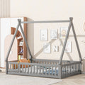 Full Tent Shaped Floor Bed, With Guardrails, Slats, Door ,Grey Full Grey Wood Bedroom American Design Pine Bed Frame Pine