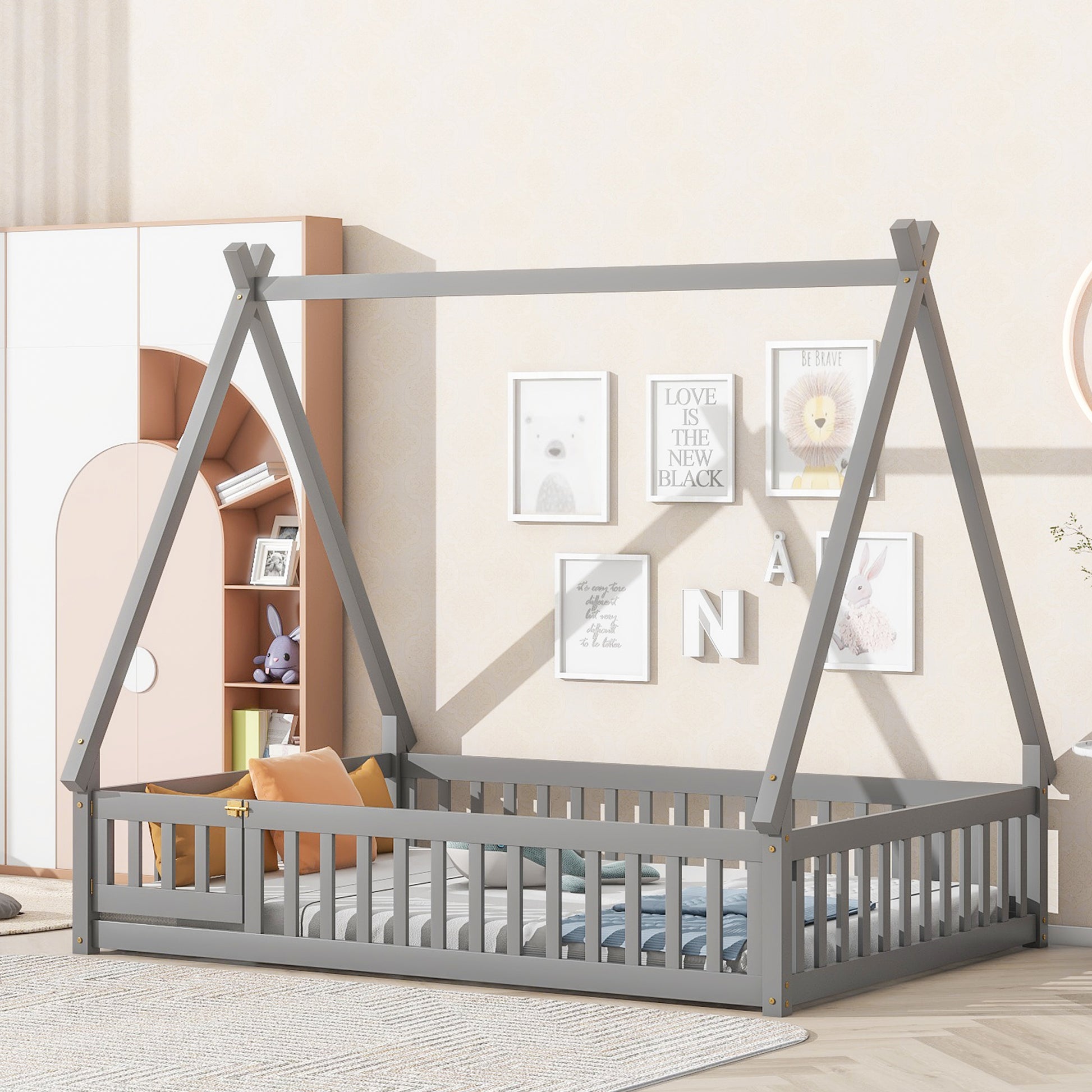 Full Tent Shaped Floor Bed, With Guardrails, Slats, Door ,Grey Full Grey Wood Bedroom American Design Pine Bed Frame Pine