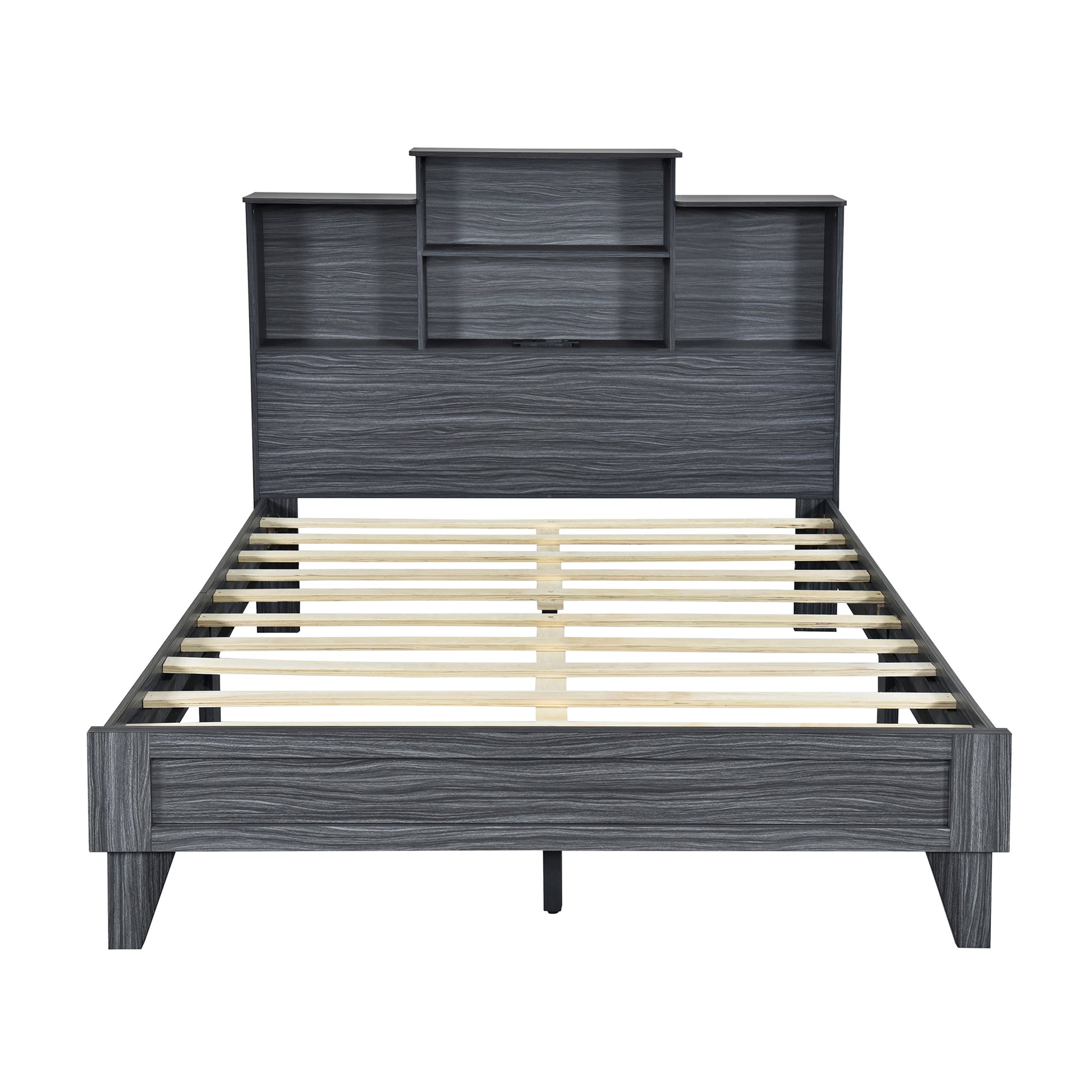 Full Size Storage Platform Bed Frame With 4 Open Storage Shelves And Usb Charging Design,Gray Full Gray Solid Wood Mdf
