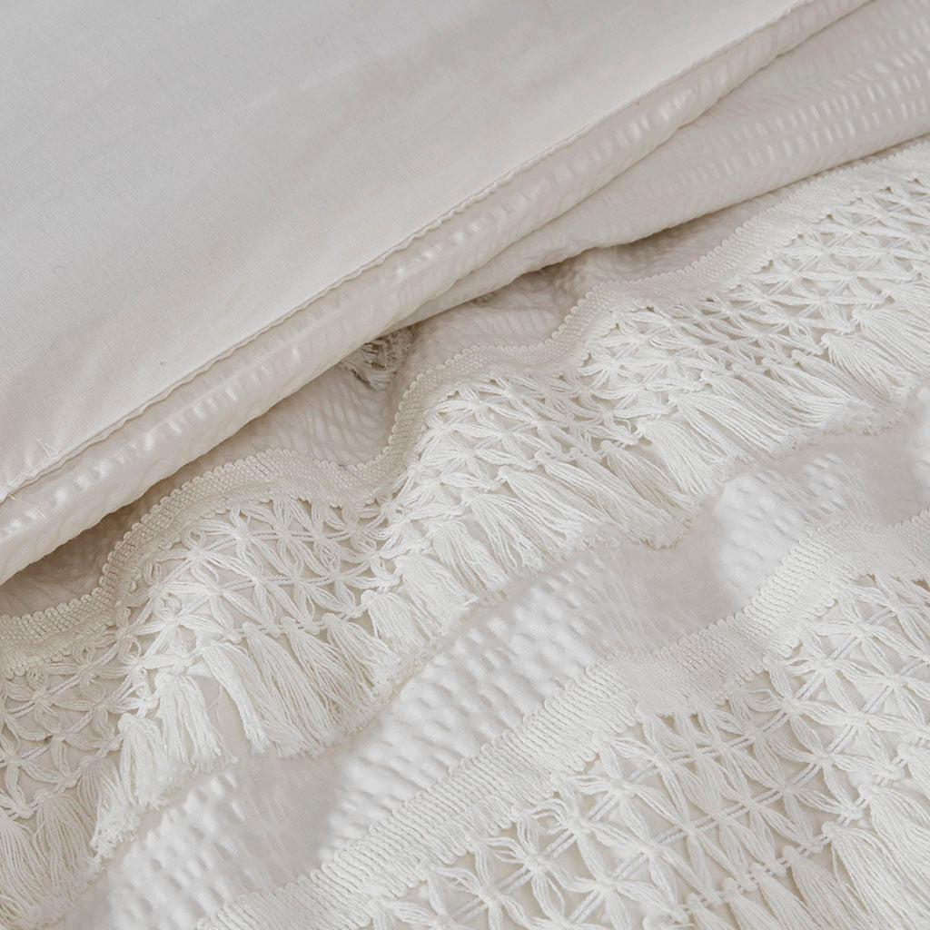 3 Piece Cotton Seersucker Comforter Set Ivory Cotton