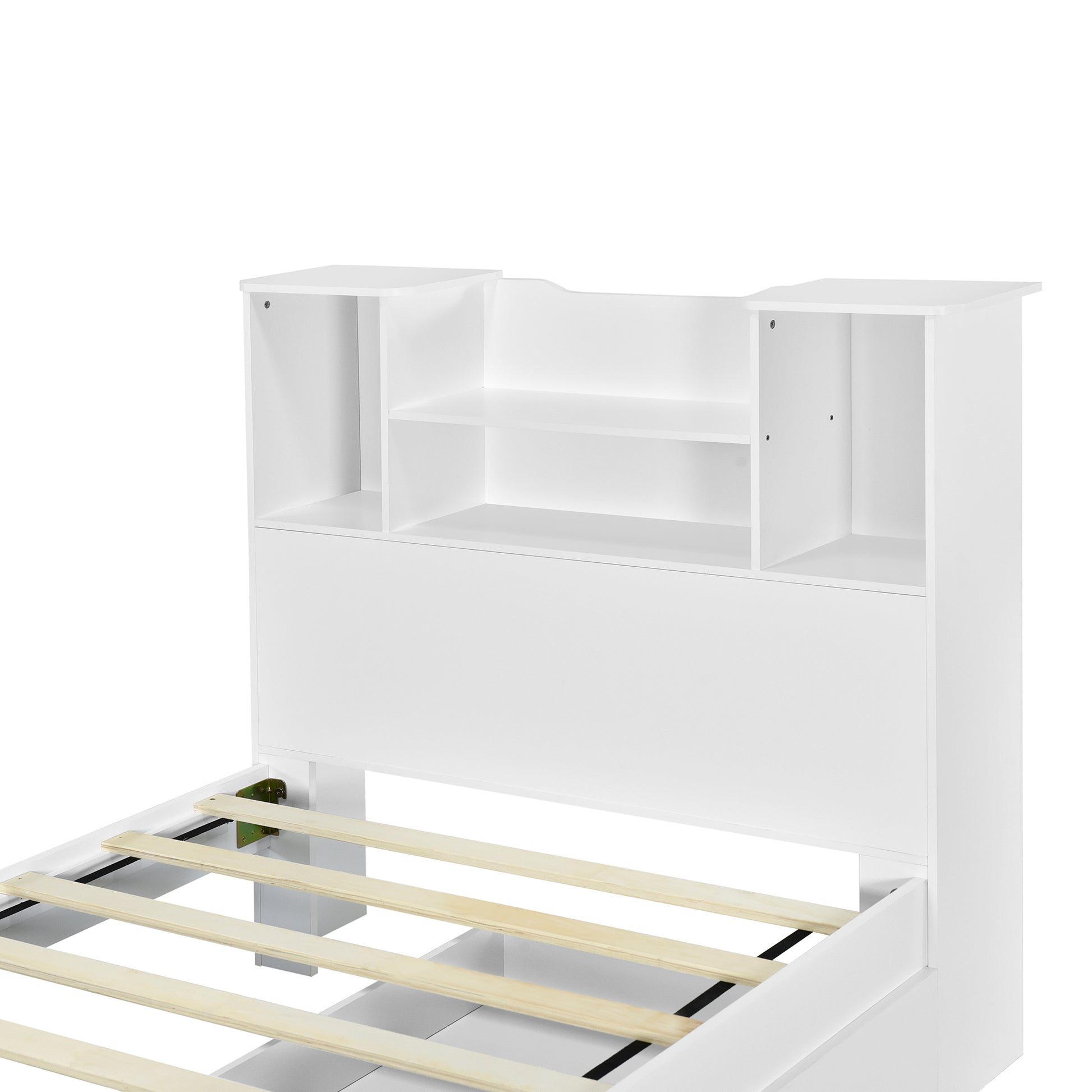 Twin Size Storage Platform Bed Frame With 4 Open Storage Shelves And 2 Storage Drawers,Led Light,White White Solid Wood Mdf