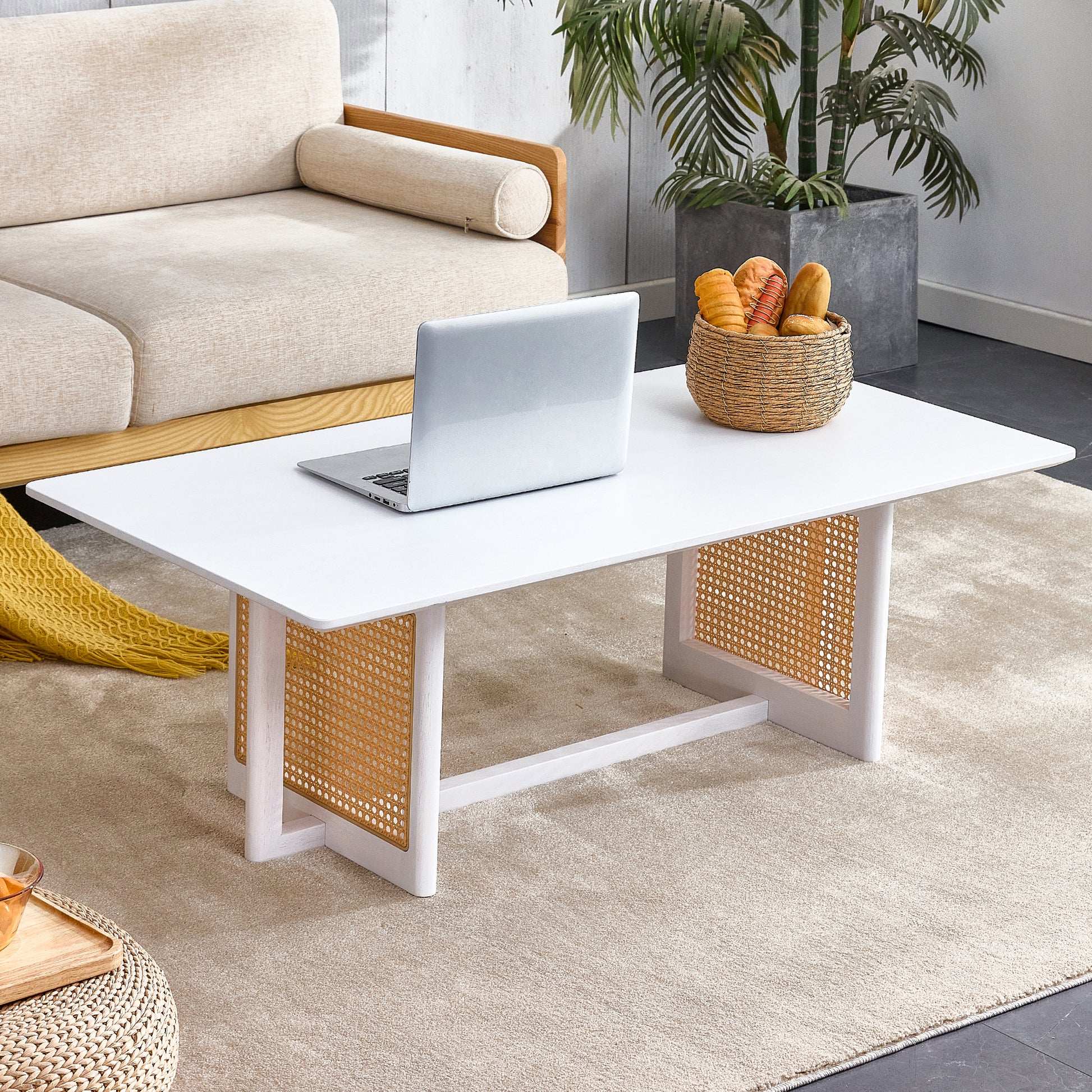 Chinese Style White Solid Wood And Imitation Rattan Coffee Table, Rectangular Solid Wood Coffee Low Table, Small Living Room Coffee Table White Solid Wood