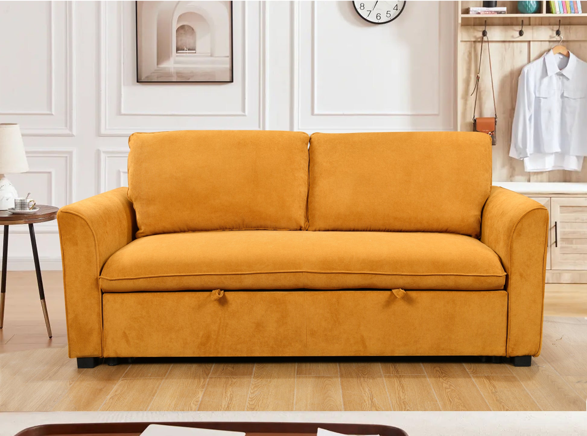 78 Inch 3 In 1 Convertible Sleeper Sofa Bed, Modern Fabric Loveseat Futon Sofa Couch W Pullout Bed, Small Beautiful Seat Lounge Sofa W Reclining Backrest, Furniture For Living Room, Yellow Light Brown Wood Primary Living Space Heavy Duty Eucalyptus 3