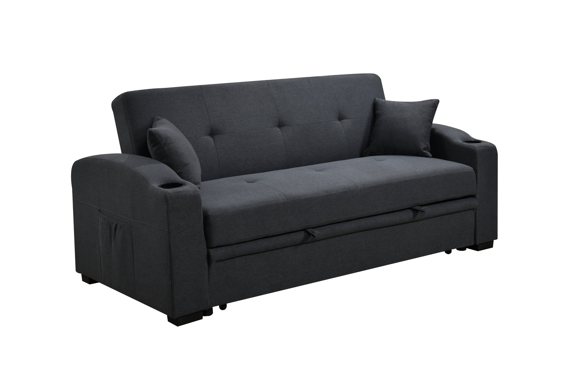 75 Inch 3 In 1 Convertible Modern Sofa With Convenient Pull Out Bed,Reclining Backrest, Cup Holders,Pillows And Pockets, Futon Couches For Living Room Apartment Office,Dark Blue Light Brown Wood Primary Living Space Heavy Duty Eucalyptus 3 Seat Dark Blue