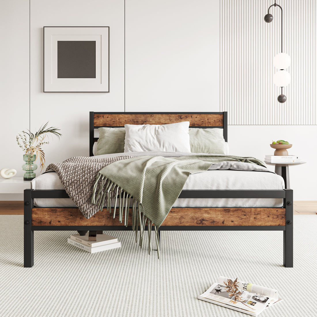 Full Size Platform Bed Frame With Rustic Vintage Wood Headboard, Strong Metal Slats Support, No Box Spring Needed Box Spring Not Required Full Black Metal Brown Bedroom Bed Frame Metal & Wood