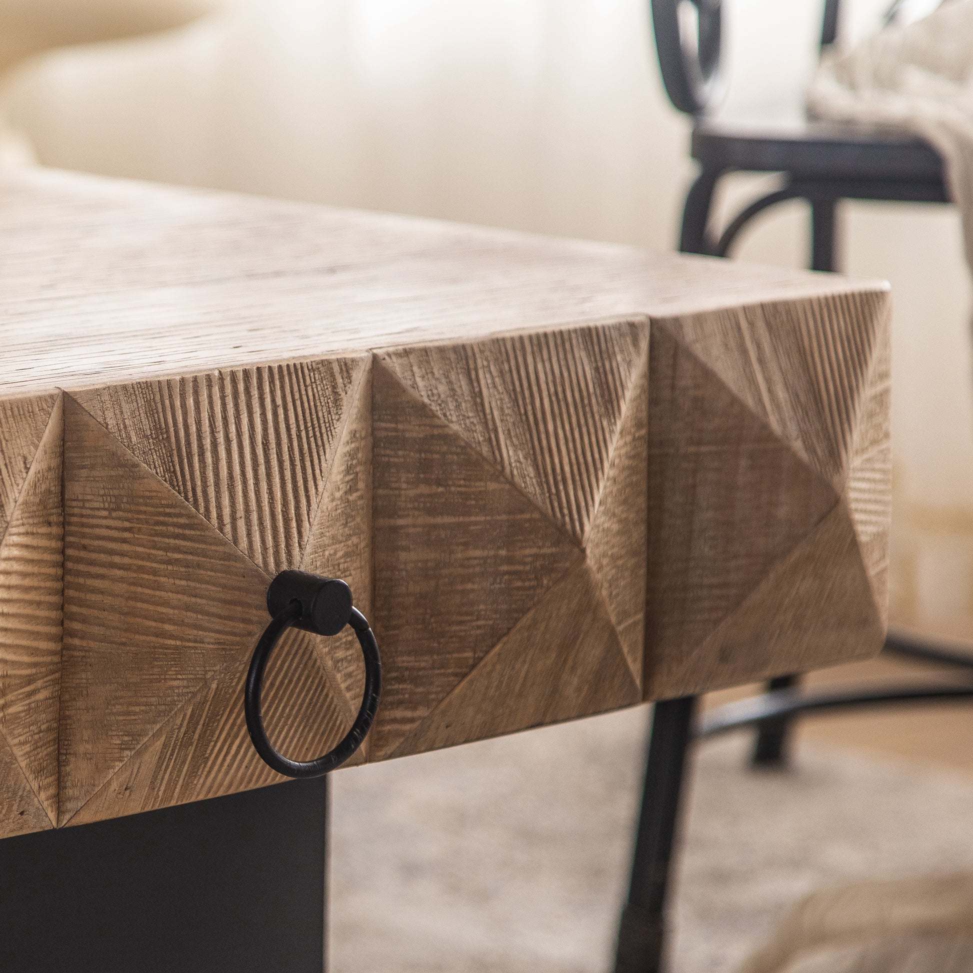32.28"Three Dimensional Embossed Pattern Square Retro Coffee Table With 2 Drawers And Mdf Base Natural Solid Wood Mdf