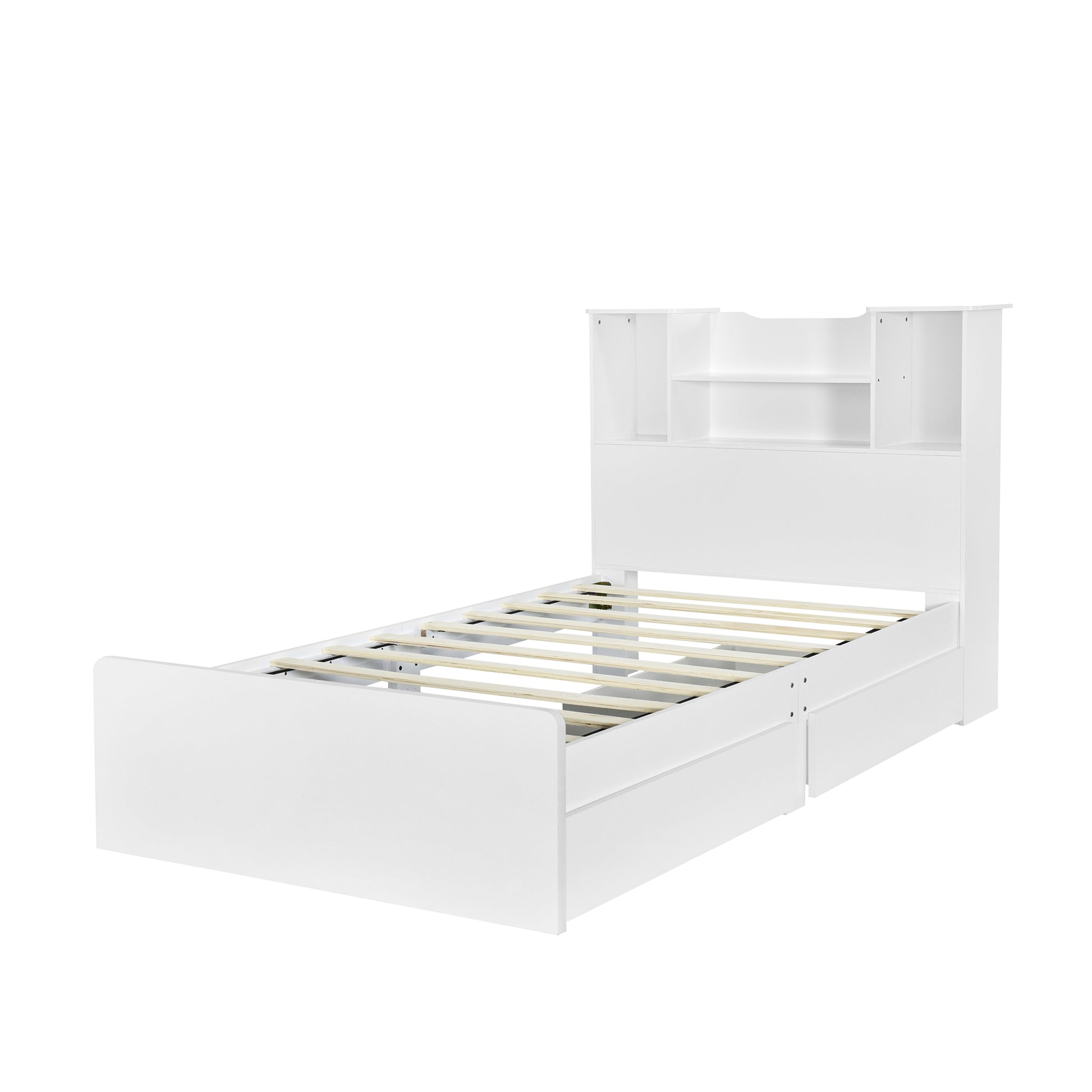 Twin Size Storage Platform Bed Frame With 4 Open Storage Shelves And 2 Storage Drawers,Led Light,White White Solid Wood Mdf