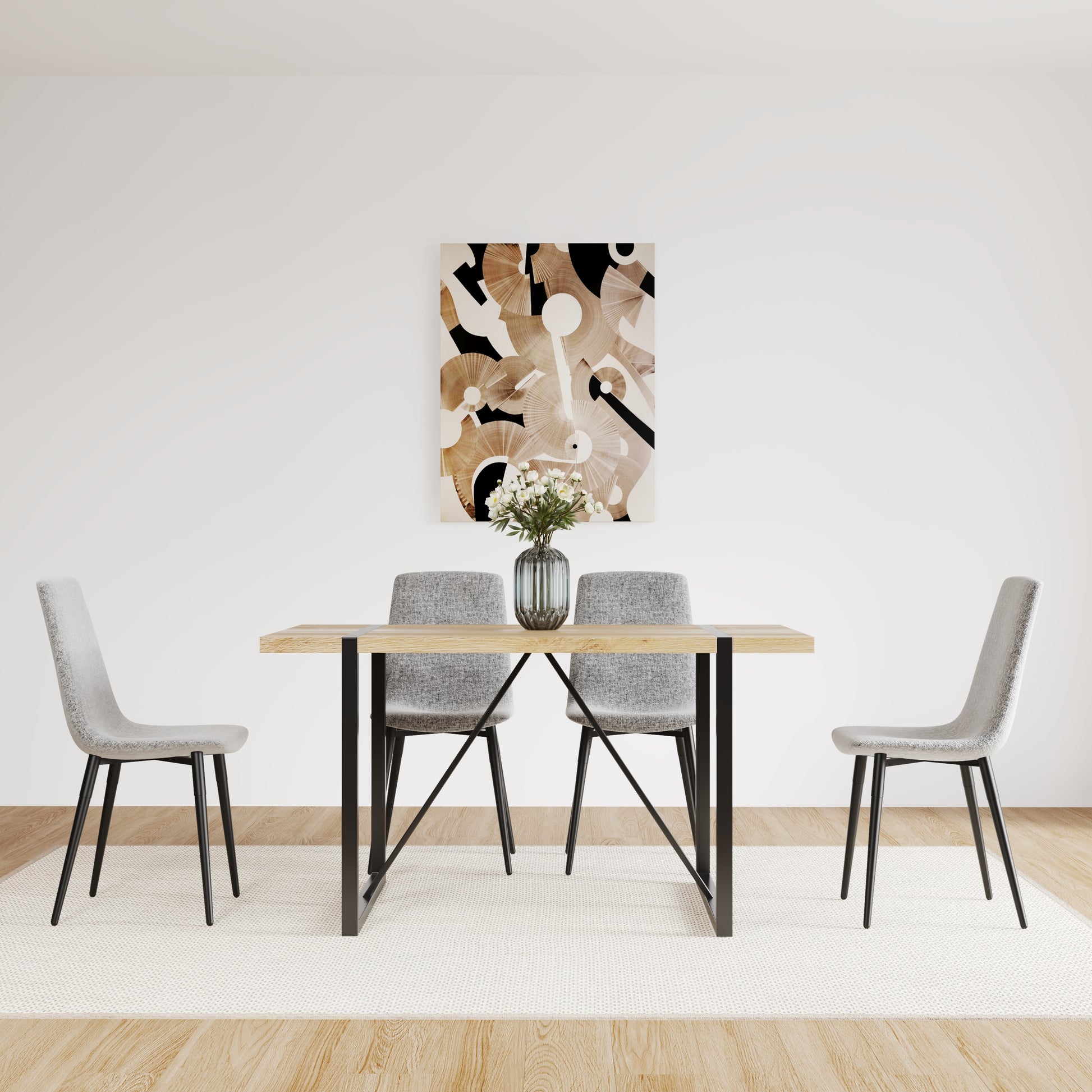 Mdf Wood Colour Dining Table And Modern Dining Chairs Set Of 4, Mid Century Wooden Kitchen Table Set, Metal Base & Legs, Dining Room Table And Linen Chairs Natural Grey Kitchen Mid Century Modern Mdf