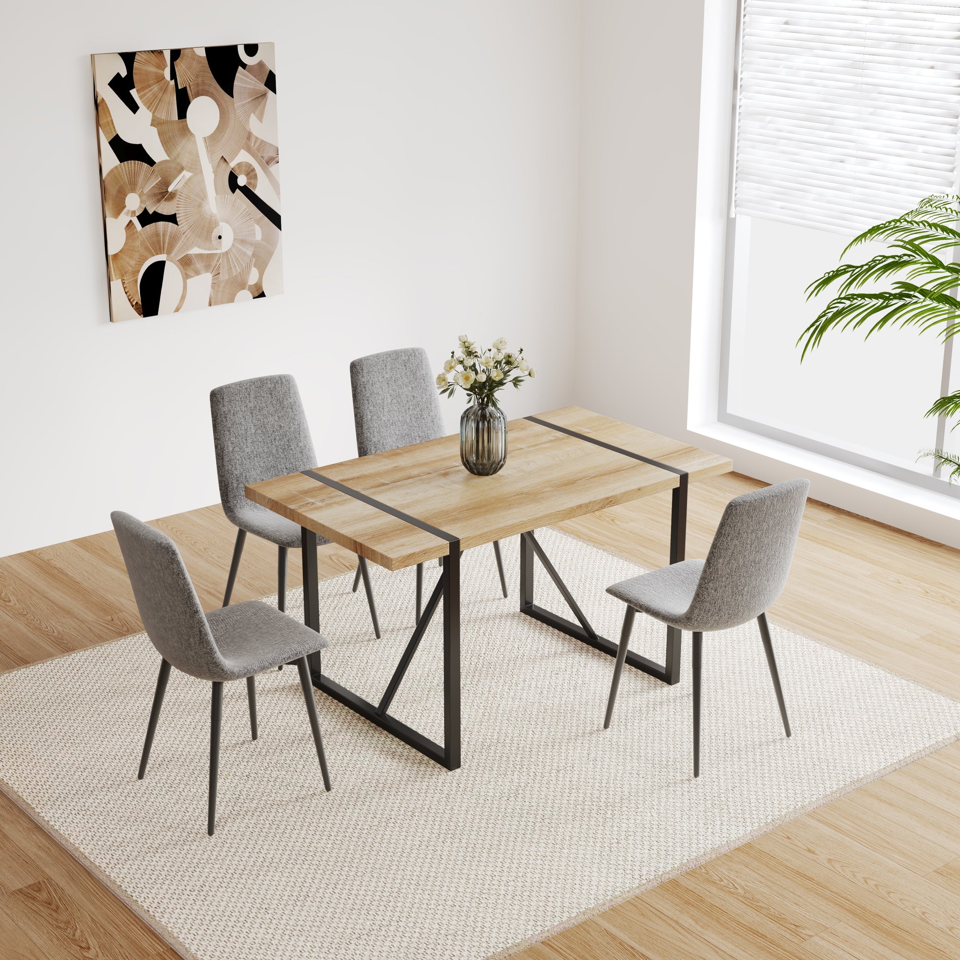 Mdf Wood Colour Dining Table And Modern Dining Chairs Set Of 4, Mid Century Wooden Kitchen Table Set, Metal Base & Legs, Dining Room Table And Linen Chairs Natural Grey Kitchen Mid Century Modern Mdf