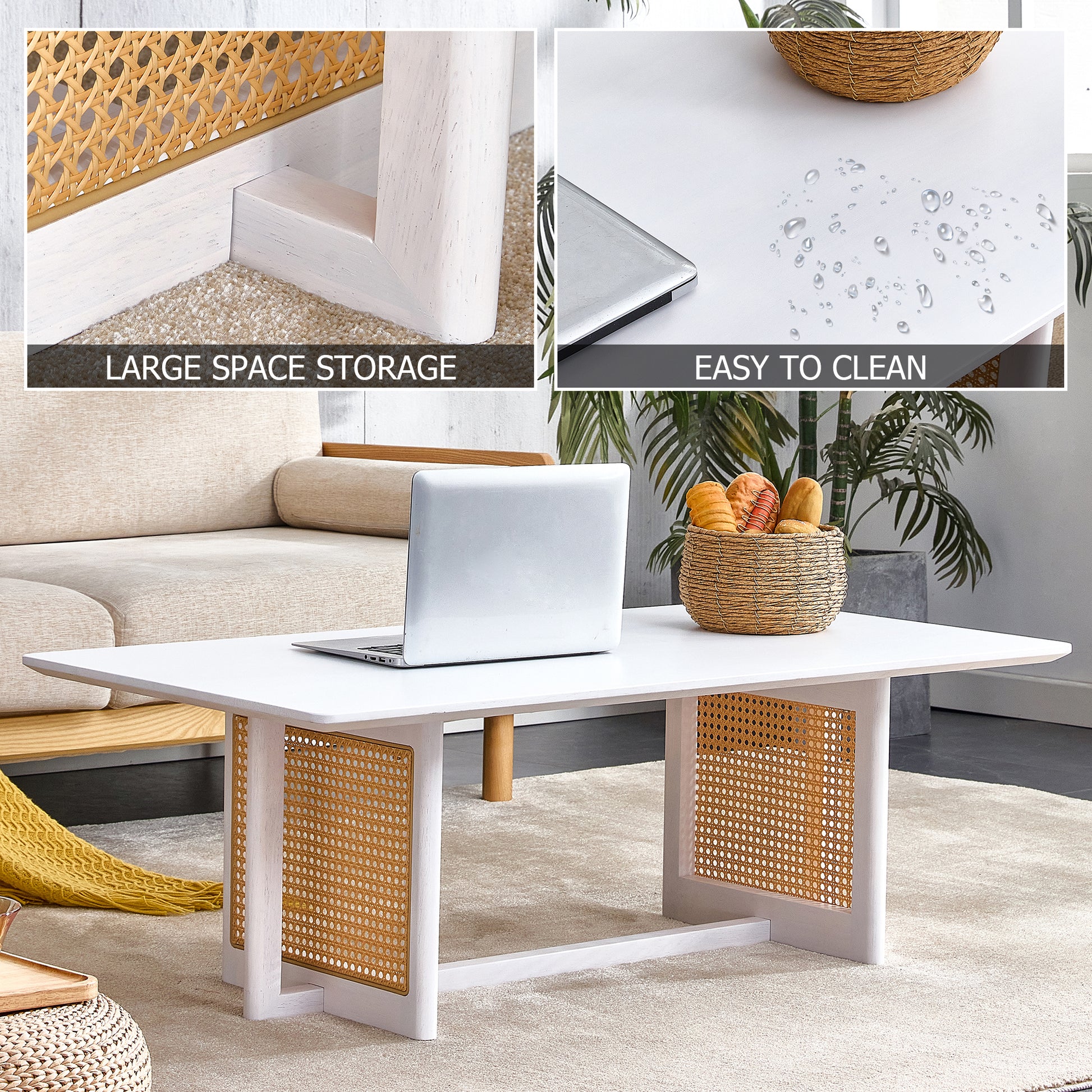 Chinese Style White Solid Wood And Imitation Rattan Coffee Table, Rectangular Solid Wood Coffee Low Table, Small Living Room Coffee Table White Solid Wood