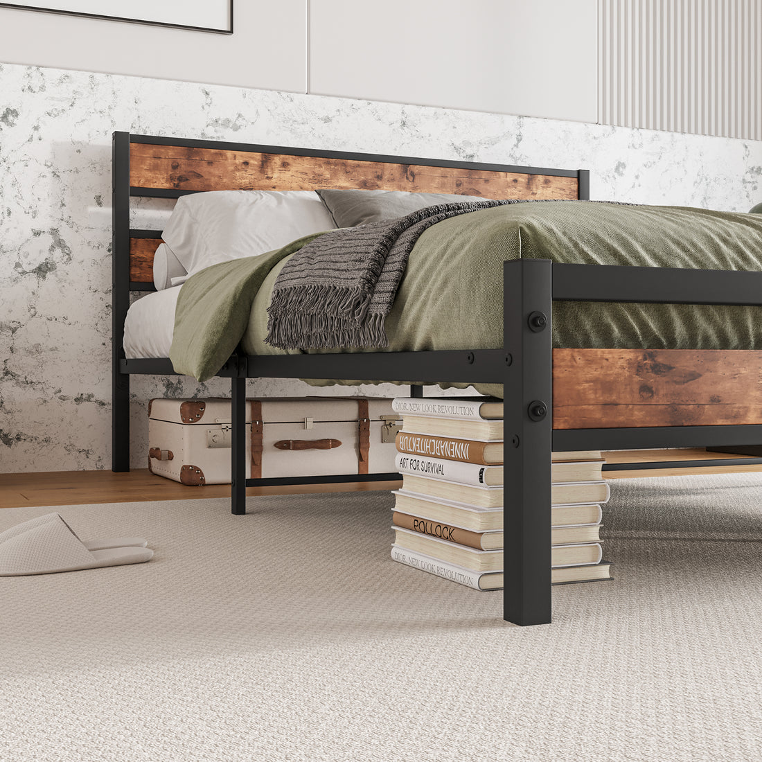 Queen Size Platform Bed Frame With Rustic Vintage Wood Headboard, Strong Metal Slats Support, No Box Spring Needed Box Spring Not Required Queen Black Metal Brown Bedroom Bed Frame Metal & Wood