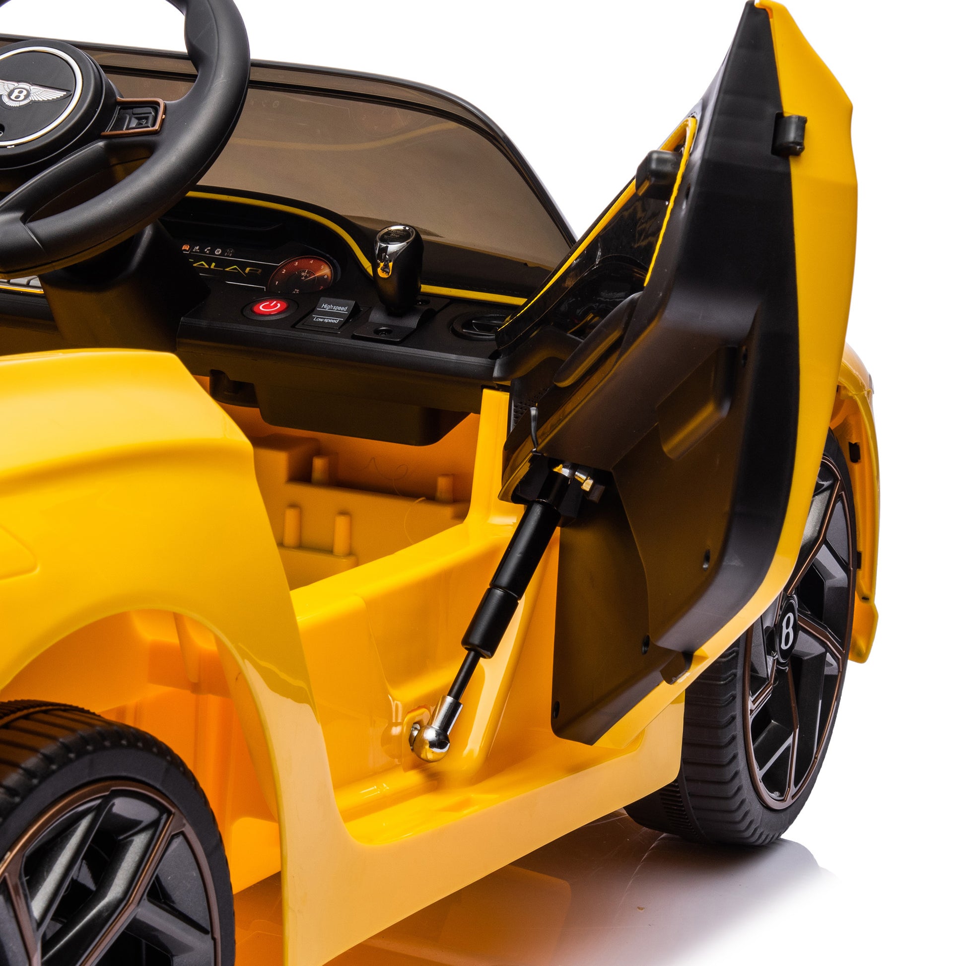 12V Battery Powered Ride On Car For Kids, Licensed Bentley Bacalar, Remote Control Toy Vehicle With Music Player, Led Light, 2 Driving Modes Yellow Polypropylene