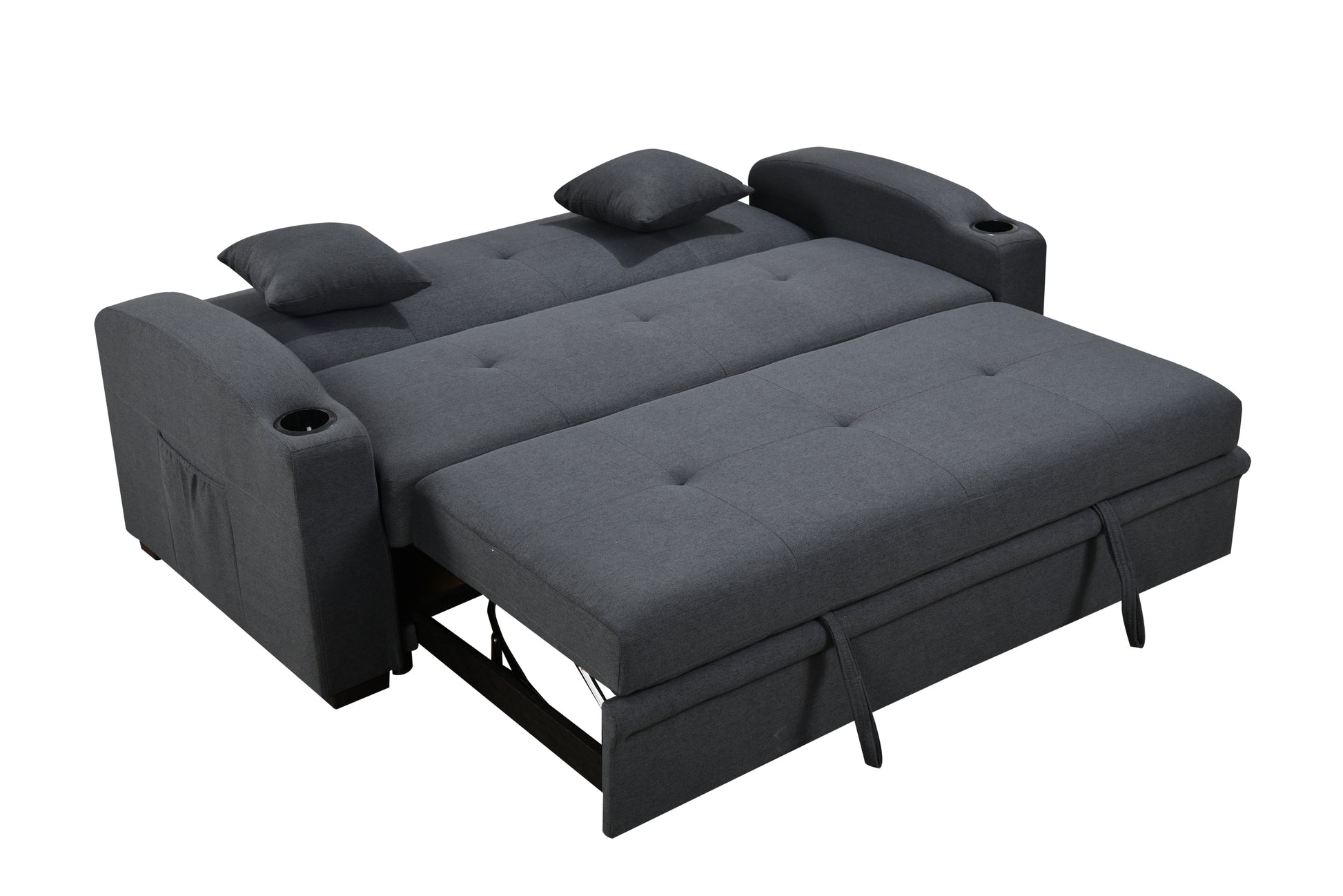 75 Inch 3 In 1 Convertible Modern Sofa With Convenient Pull Out Bed,Reclining Backrest, Cup Holders,Pillows And Pockets, Futon Couches For Living Room Apartment Office,Dark Blue Light Brown Wood Primary Living Space Heavy Duty Eucalyptus 3 Seat Dark Blue