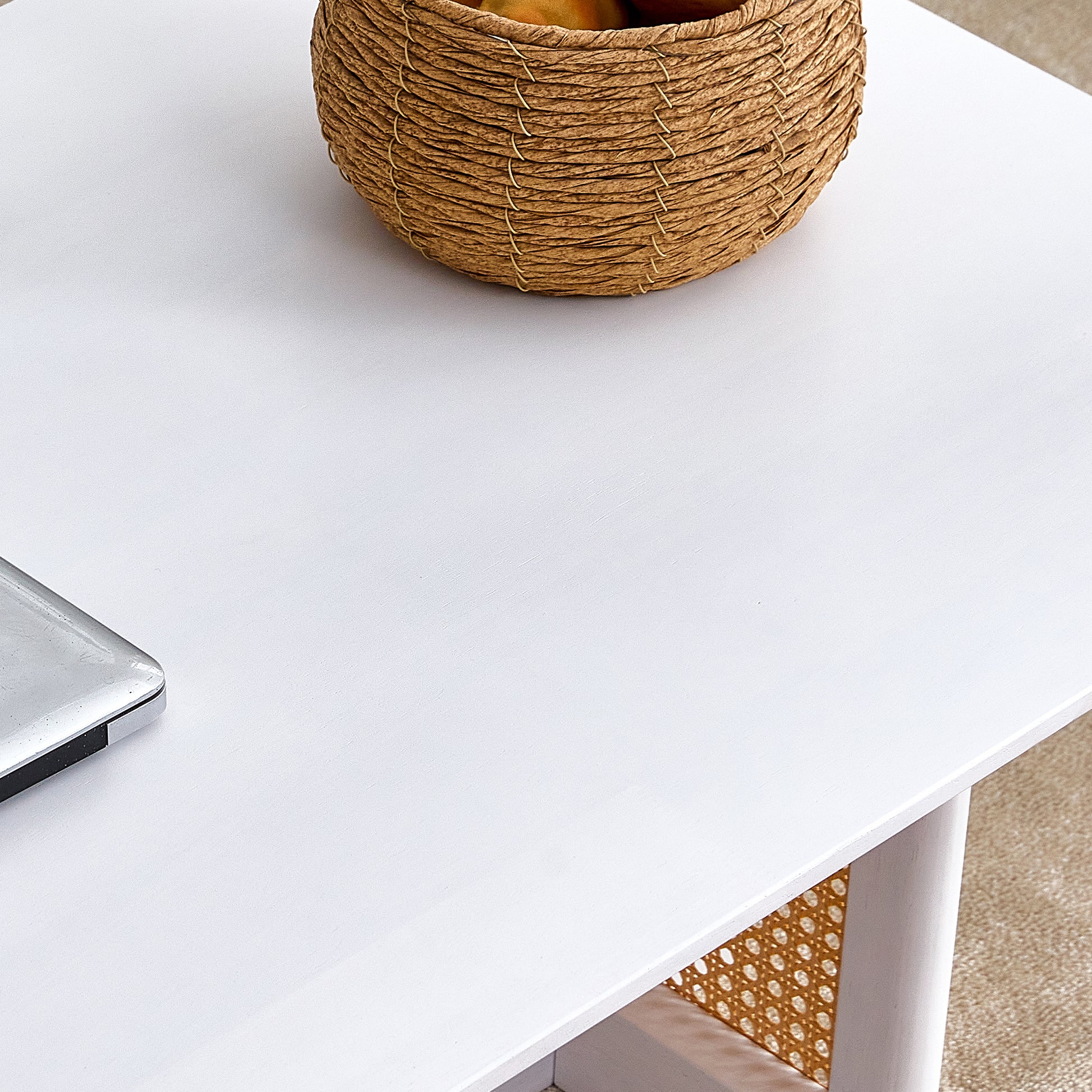 Chinese Style White Solid Wood And Imitation Rattan Coffee Table, Rectangular Solid Wood Coffee Low Table, Small Living Room Coffee Table White Solid Wood