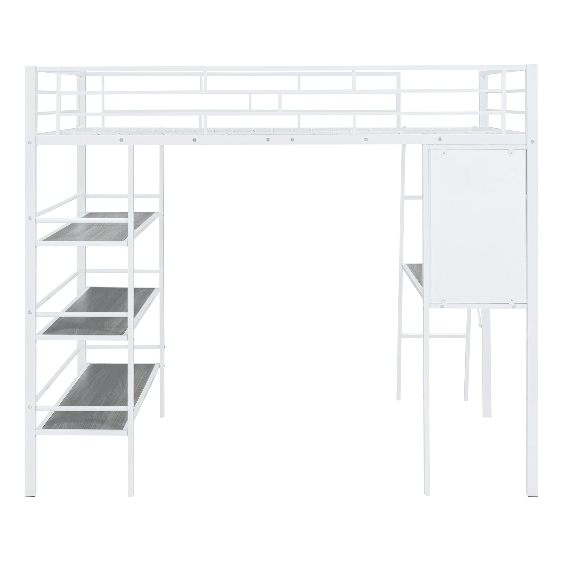 Full Size Loft Metal Bed With 3 Layers Of Shelves And Desk, Stylish Metal Frame Bed With Whiteboard, White White Metal