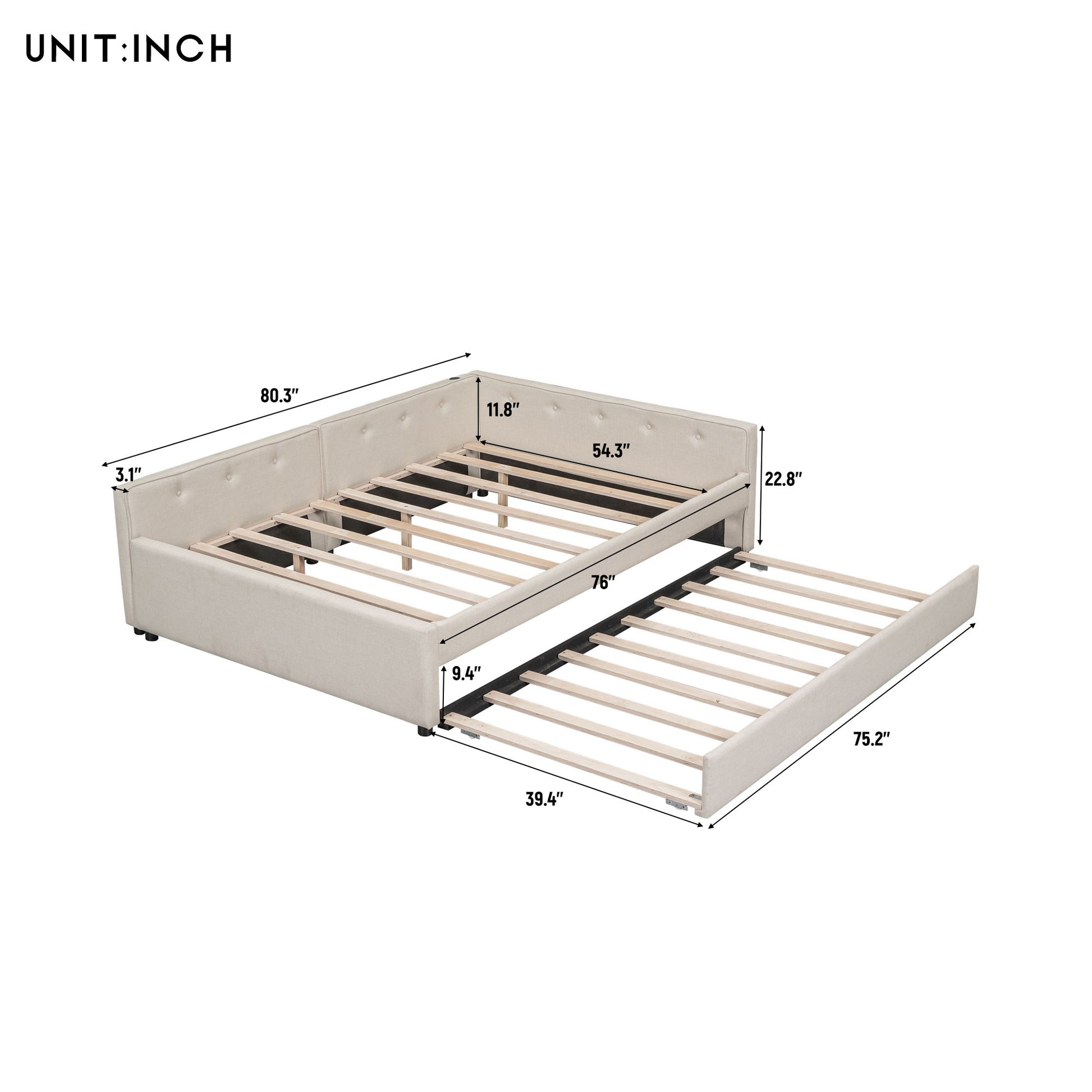 Full Size Upholstered Platform Bed With Usb And Twin Size Trundle, Beige Box Spring Not Required Full Beige Wood Bedroom Bed Frame Linen Wood