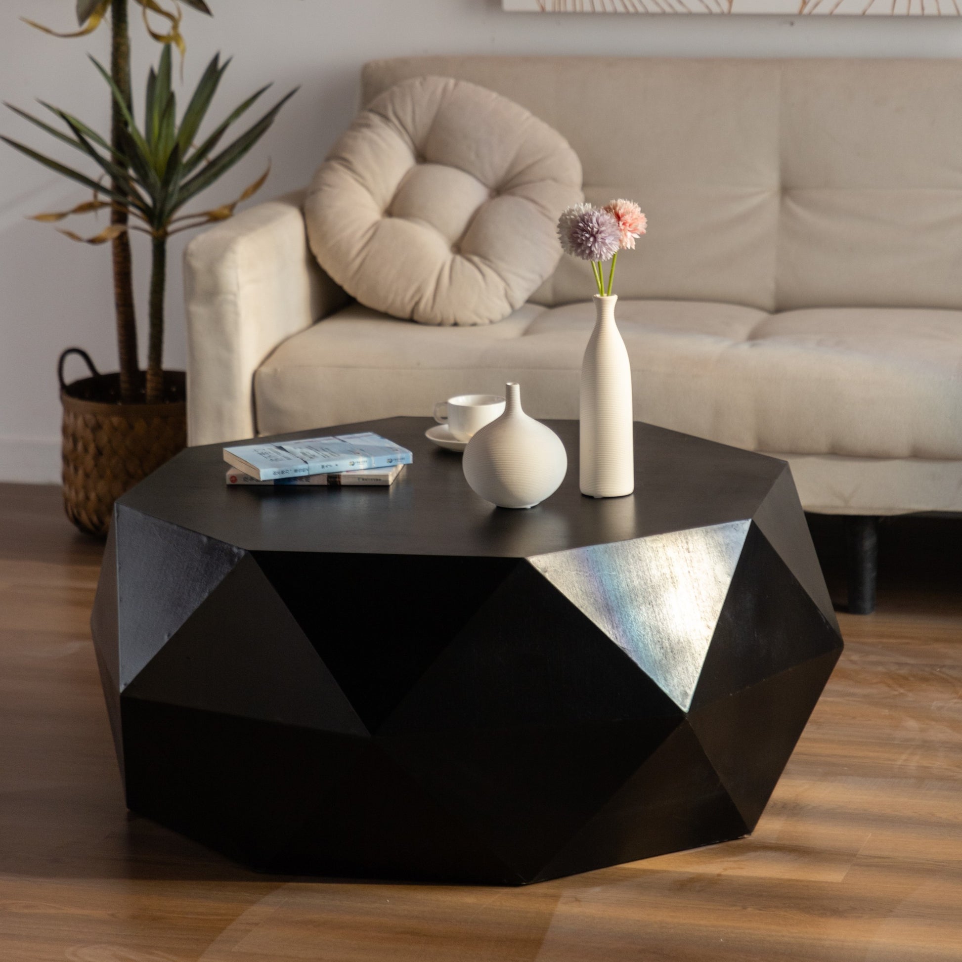38"Three Dimensional Embossed Pattern Design American Retro Style Coffee Table,Black Tabletop Black Mdf