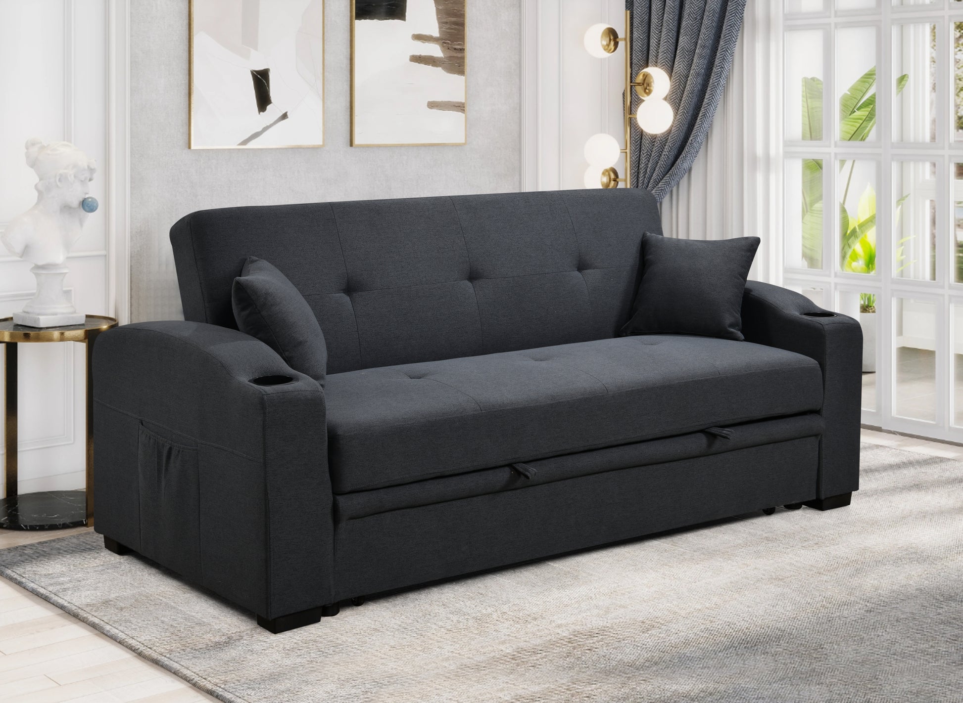 75 Inch 3 In 1 Convertible Modern Sofa With Convenient Pull Out Bed,Reclining Backrest, Cup Holders,Pillows And Pockets, Futon Couches For Living Room Apartment Office,Dark Blue Light Brown Wood Primary Living Space Heavy Duty Eucalyptus 3 Seat Dark Blue