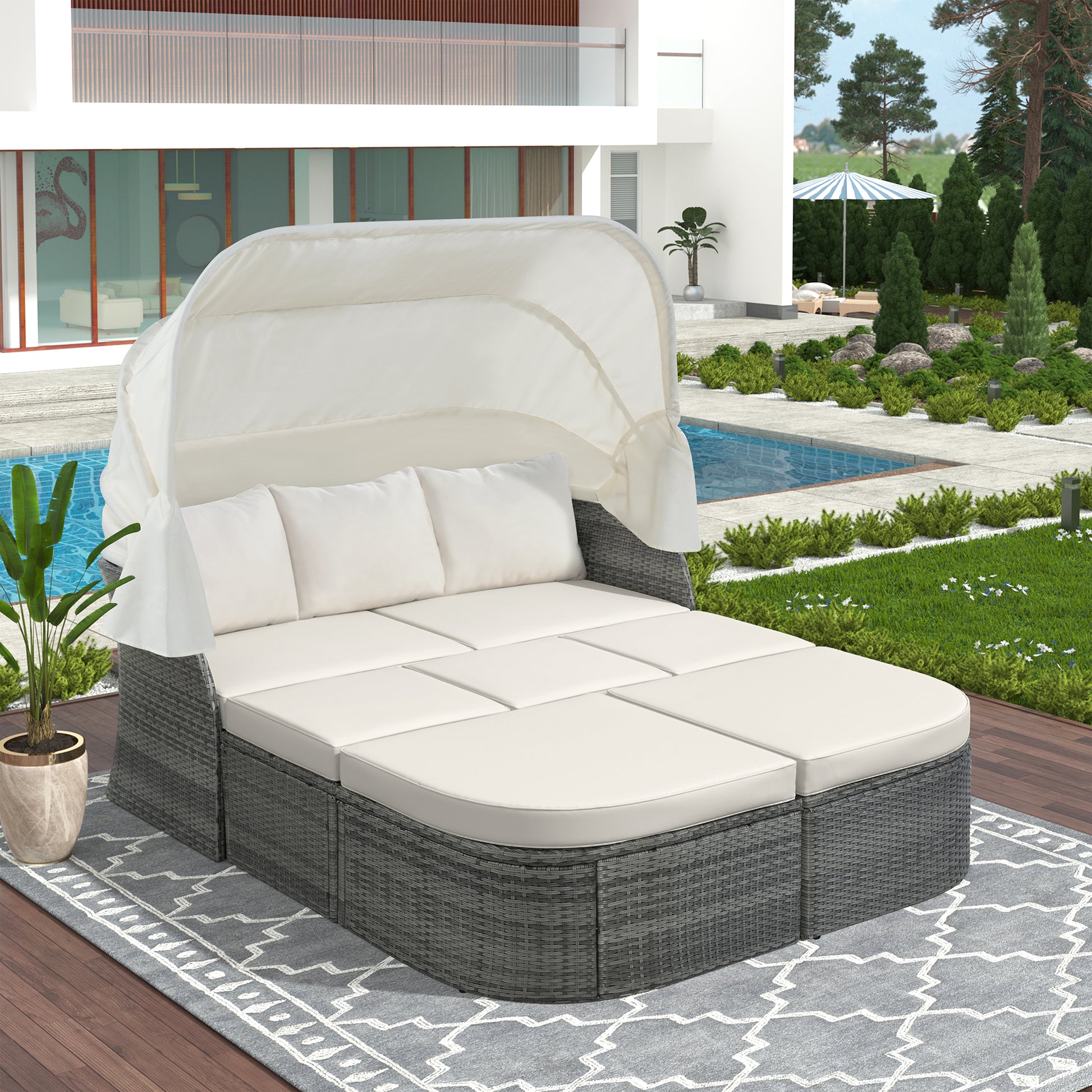 Outdoor Patio Furniture Set Daybed Sunbed With Retractable Canopy Conversation Set Wicker Furniture As Same As Wy000281Aae Beige Rattan