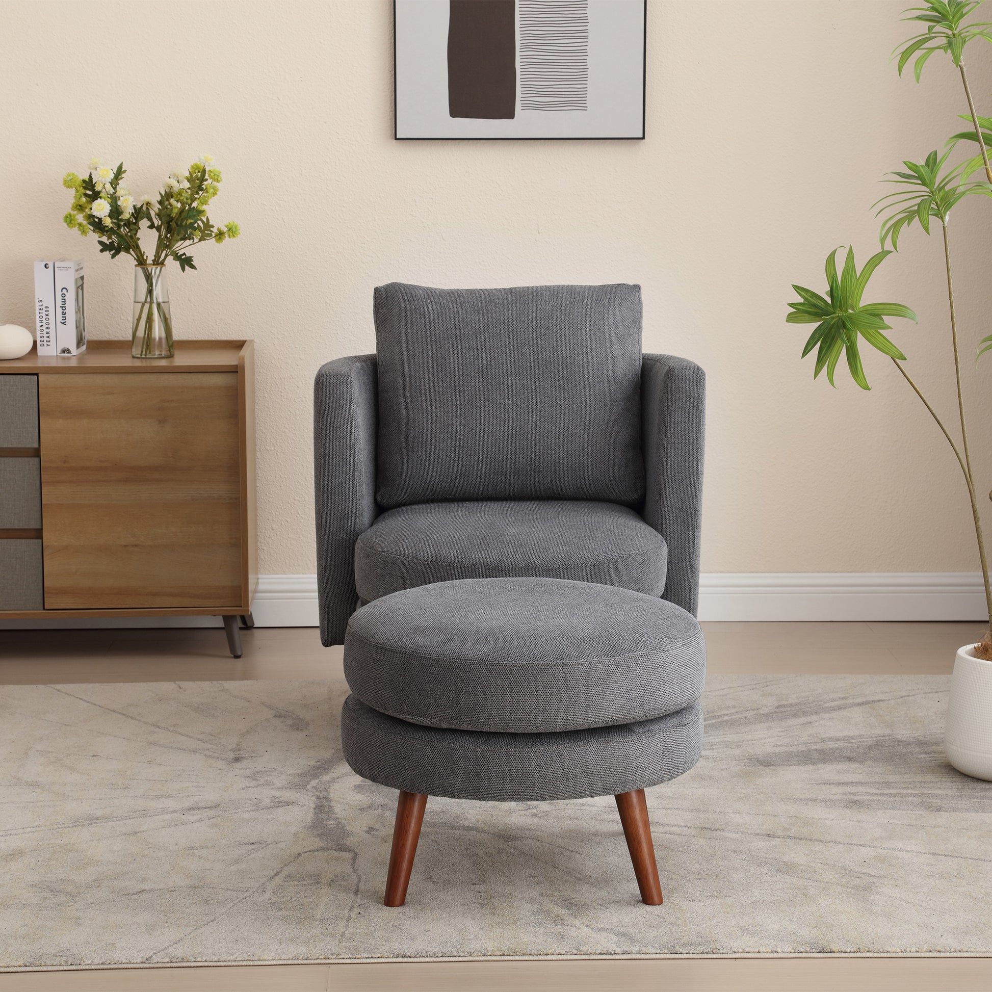 30.7" Wide Accent Chair With Ottoman Armchair Upholstered Reading Chair Single Sofa With Wooden Leg And Throw Pillow For Living Room Bedroom Dorm Room Office, Charcoal Polyester Blend Charcoal