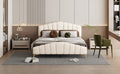 Queen Size Velvet Platform Bed With Thick Fabric, Stylish Stripe Decorated Bedboard And Elegant Metal Bed Leg, Beige Beige Velvet