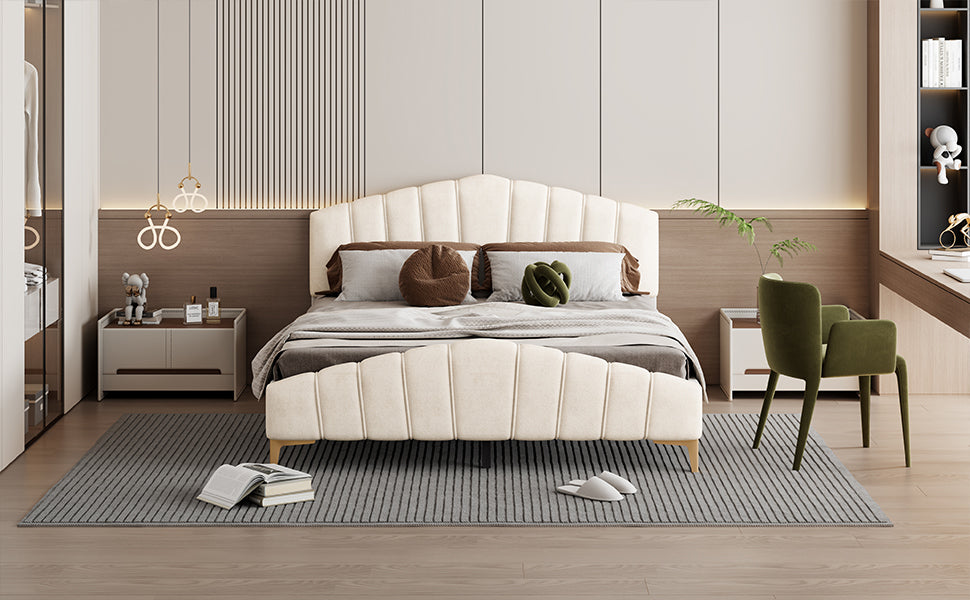 Queen Size Velvet Platform Bed With Thick Fabric, Stylish Stripe Decorated Bedboard And Elegant Metal Bed Leg, Beige Beige Velvet