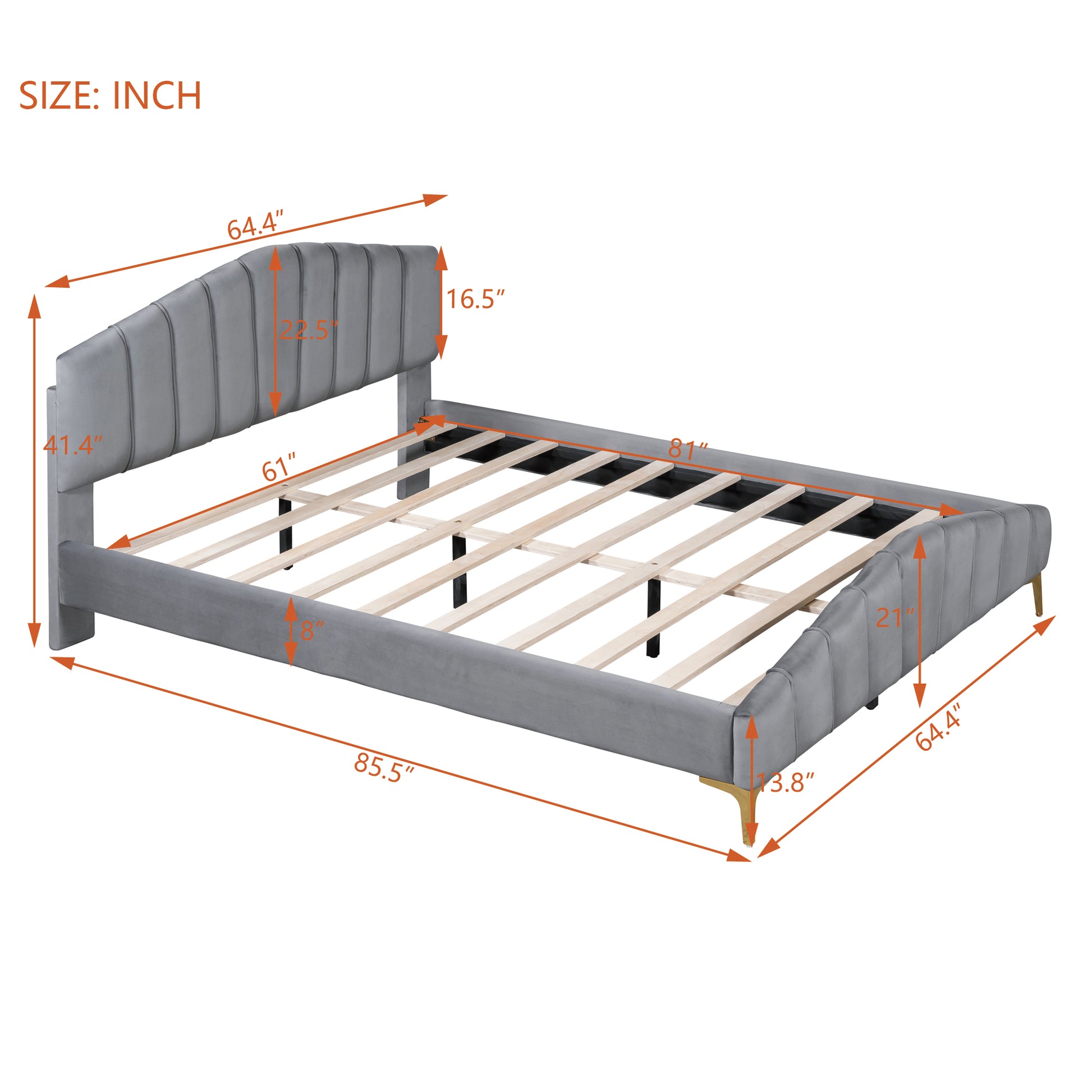 Queen Size Velvet Platform Bed With Thick Fabric, Stylish Stripe Decorated Bedboard And Elegant Metal Bed Leg, Gray Gray Velvet