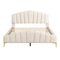 Queen Size Velvet Platform Bed With Thick Fabric, Stylish Stripe Decorated Bedboard And Elegant Metal Bed Leg, Beige Beige Velvet