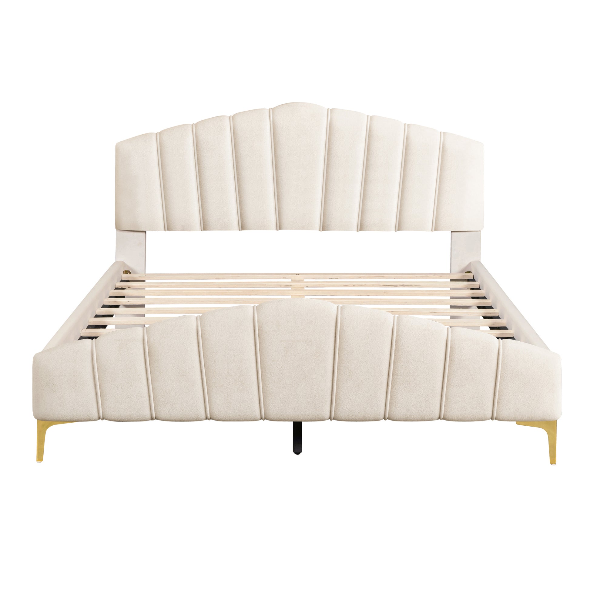 Queen Size Velvet Platform Bed With Thick Fabric, Stylish Stripe Decorated Bedboard And Elegant Metal Bed Leg, Beige Beige Velvet
