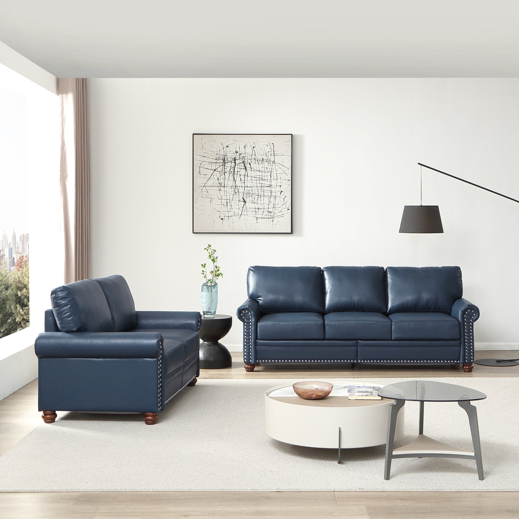 Living Room Sofa With Storage Sofa 2 3 Sectional Navy Blue Faux Leather Navy Blue Foam Pu Leather