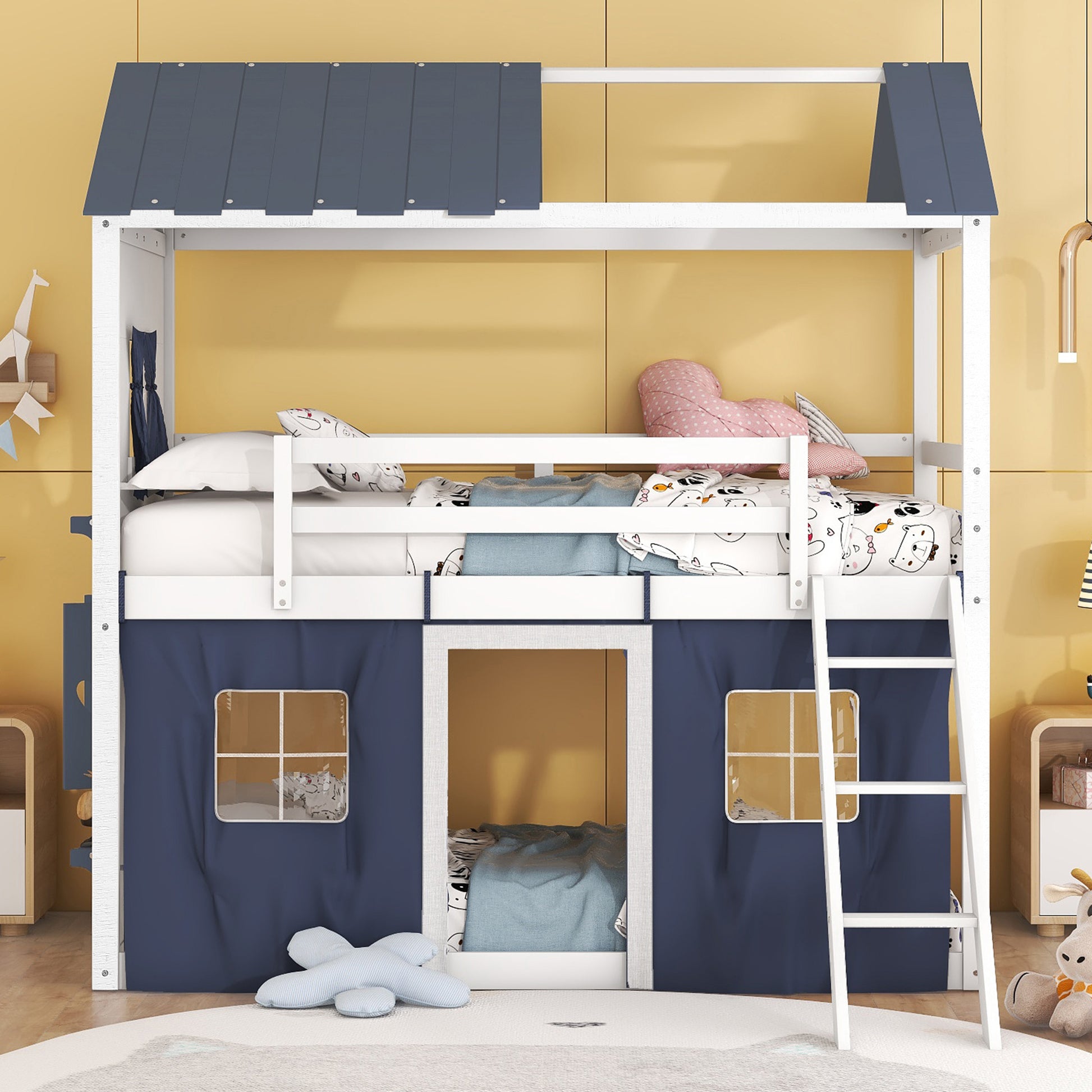 Twin Size Bunk Wood House Bed With Elegant Windows, Sills And Tent, Blue White Twin White Blue Solid Wood Mdf