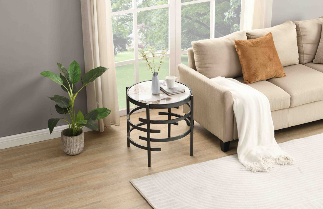 Elegant Pandora Sintered Stone End Table, Darker Gray Small Coffee Table For Living Room 20.67''W X 20.67''D X 21.65''H Gray Iron