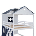 Full Size Bunk Wood House Bed With Elegant Windows, Sills And Tent, Blue White White Blue Solid Wood Mdf