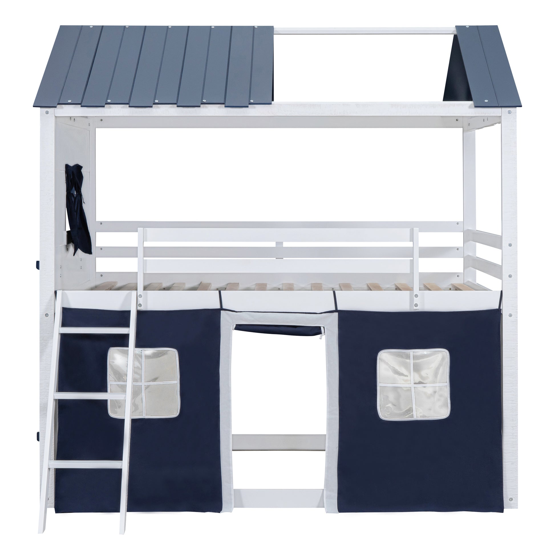 Full Size Bunk Wood House Bed With Elegant Windows, Sills And Tent, Blue White White Blue Solid Wood Mdf