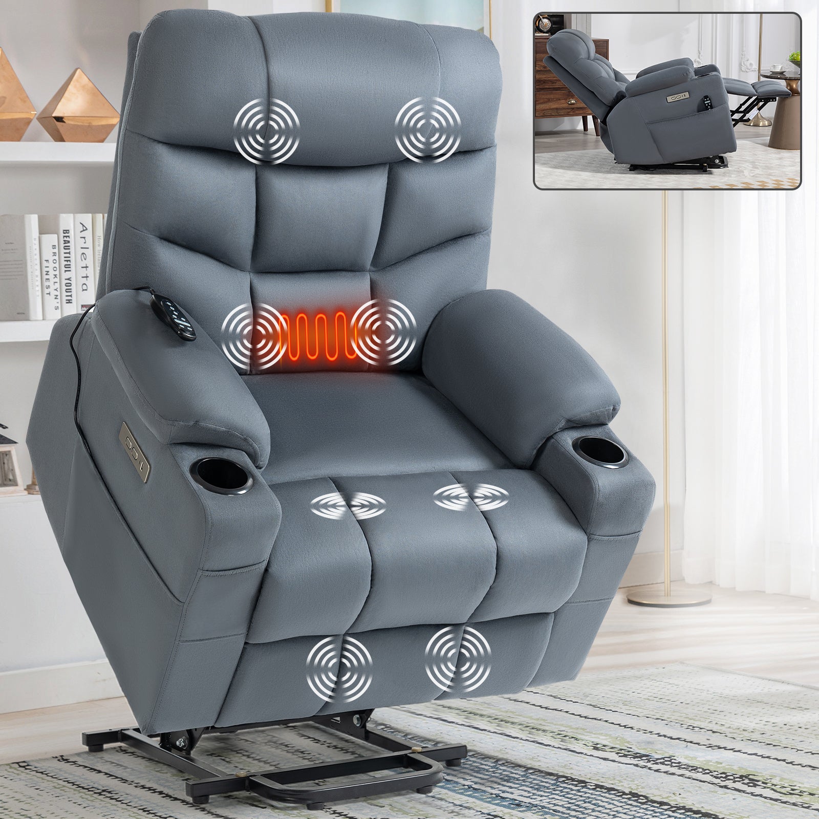 Up To 350 Lbs Power Lift Recliner Chair, Heavy Duty Motion Mechanism With 8 Point Vibration Massage And Lumbar Heating, Cup Holders, Usb And Type C Ports, Removable Cushions, Blue White Metal Primary Living Space Heavy Duty Pine Blue Gray Microfiber