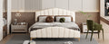 Queen Size Velvet Platform Bed With Thick Fabric, Stylish Stripe Decorated Bedboard And Elegant Metal Bed Leg, Beige Beige Velvet