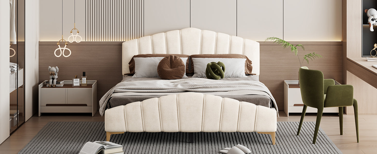 Queen Size Velvet Platform Bed With Thick Fabric, Stylish Stripe Decorated Bedboard And Elegant Metal Bed Leg, Beige Beige Velvet
