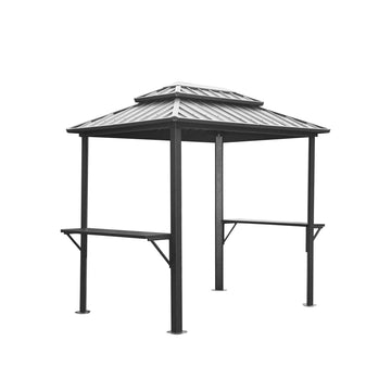 Grill Gazebo 8' 6', Aluminum Bbq Gazebo Outdoor Metal Frame With Shelves Serving Tables, Permanent Double Roof Hard Top Gazebos For Patio Lawn Deck Backyard And Garden Grey Grey Metal