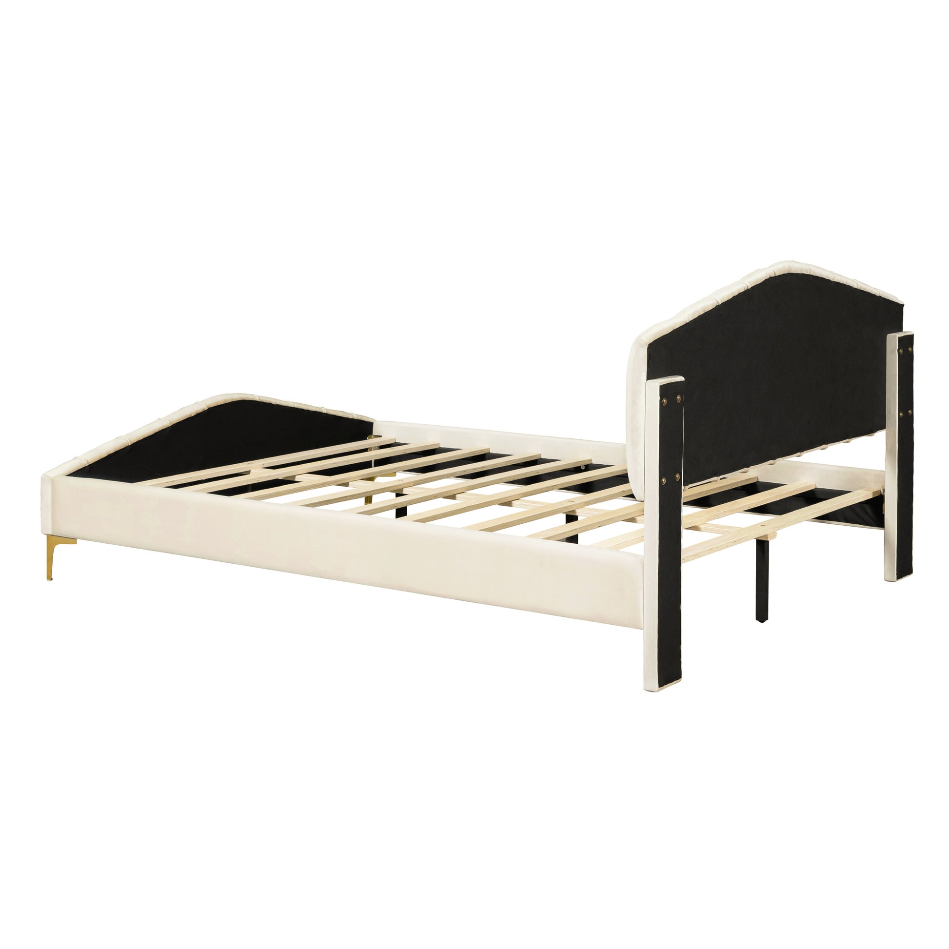 Queen Size Velvet Platform Bed With Thick Fabric, Stylish Stripe Decorated Bedboard And Elegant Metal Bed Leg, Beige Beige Velvet