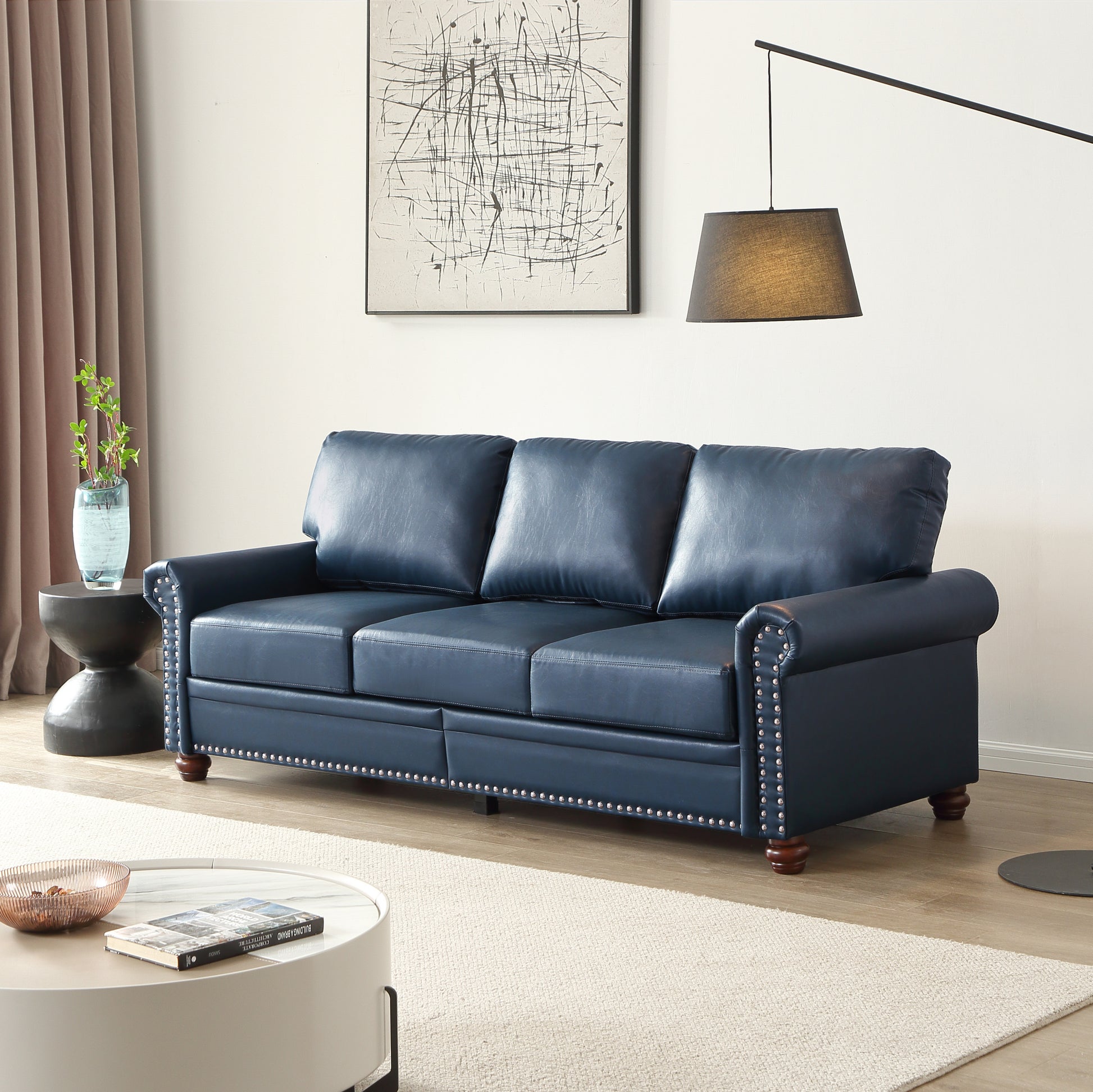 Classic Living Room Nails Sofa Navy Blue Faux Leather Navy Blue Foam Pu Leather